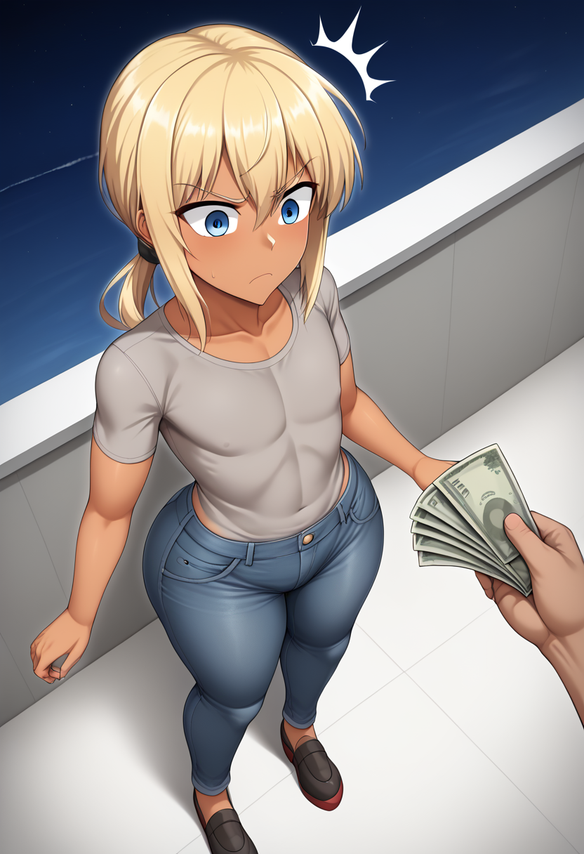 2boys ai_generated annoyed ass blonde_hair blue_eyes denim denim_pants grey_shirt huge_ass looking_at_viewer low_ponytail male_pov money offering_money original pants pov prostitution self_upload shirt surprised tan_skin thick_thighs yaoi yoshi_tama_(style)