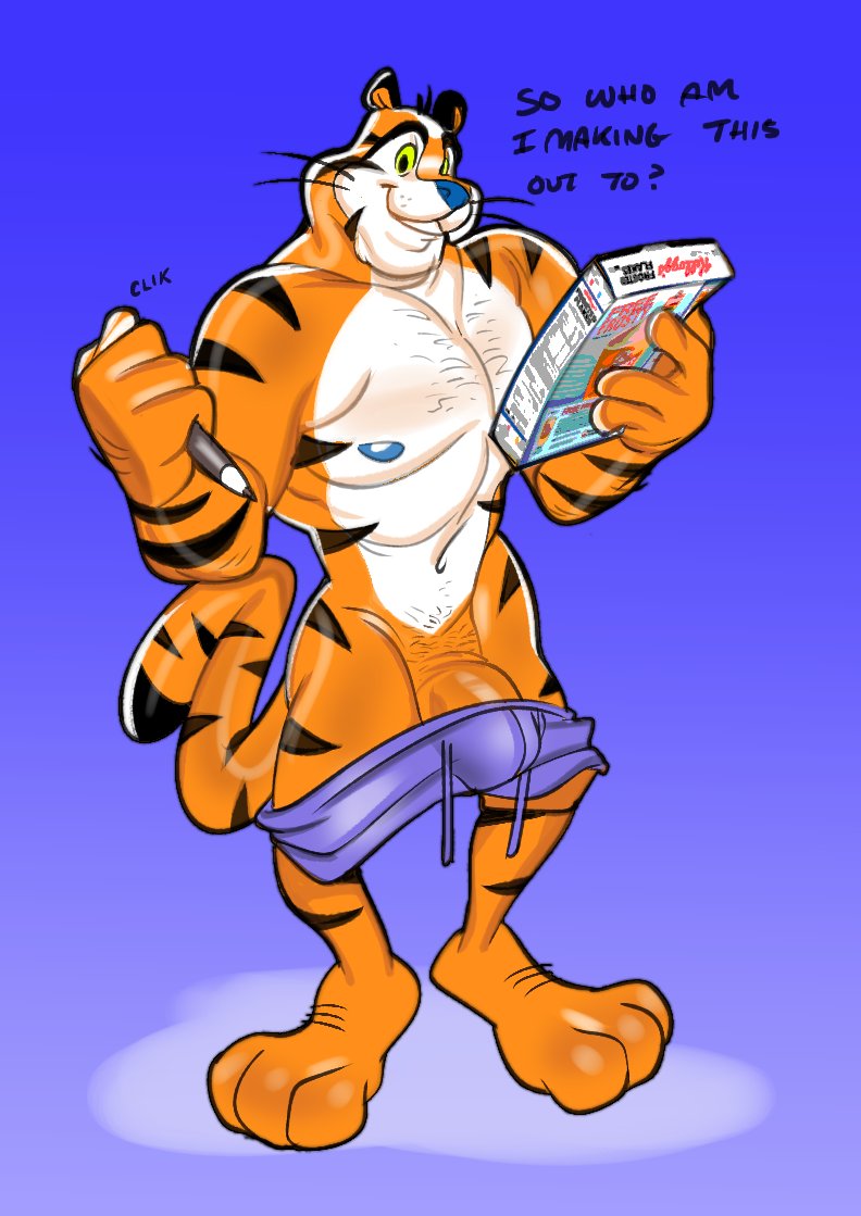 2023 3_toes anthro biceps biped black_tail black_text blue_background blue_nose body_hair bottomwear cereal_box cereal_mascot chest_hair clothed clothing dialogue digital_media_(artwork) english_text feet felid frosted_flakes fur genitals gradient_background half-erect half-erect_under_clothing kellogg's long_tail looking_at_viewer male mammal markings mascot muscular muscular_anthro muscular_male navel orange_body orange_fur orange_penis orange_tail pantherine pen penis pubes purple_bottomwear purple_clothing purple_shorts shorts simple_background skimpy solo standing striped_body striped_fur striped_markings striped_tail stripes submarine_screw tail tail_markings text tiger toes tony_the_tiger toony white_body white_fur yellow_sclera