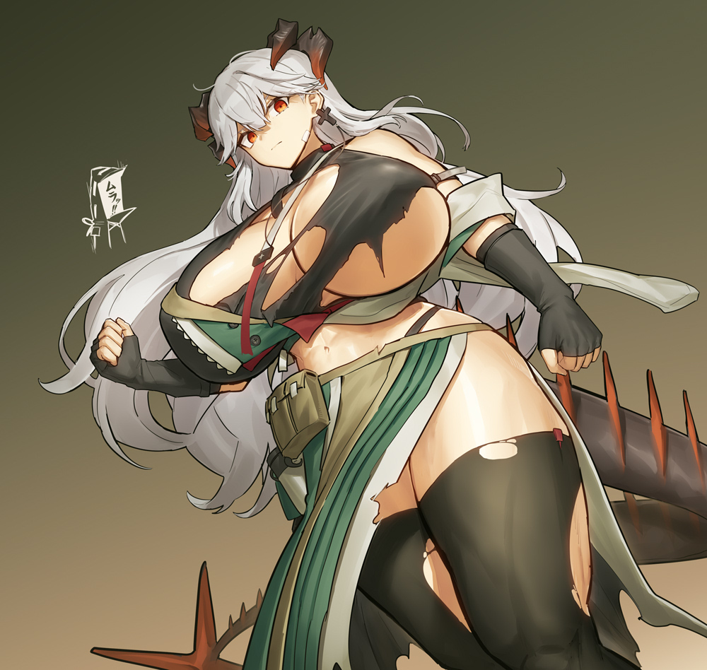 arknights huge_breasts light-skinned_female melon22 pale-skinned_female red_eyes saria_(arknights) thick_thighs white_hair