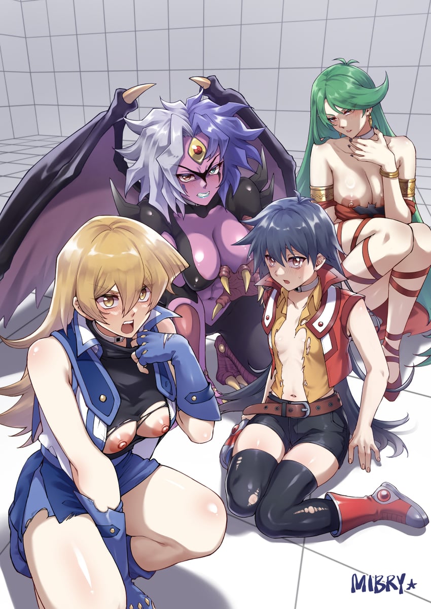 3_eyes 4girls abdomen abs age_difference alexis_rhodes angry angry_expression angry_face artist_name asuka_tenjoin belt big_breasts black_clothing black_gloves black_hair black_shirt black_shorts blair_flannigan blue_gloves blue_hair blue_lips blue_lipstick blue_skirt boots breasts brown_belt camula claws cleavage clothes_falling_off demon demon_claws demon_girl demon_humanoid demon_wings doujin_cover doujinshi_cover dress_lift duel_academy_uniform_(yu-gi-oh!_gx) exposed_breasts exposed_nipples eyes_visible_through_hair fangs female fingerless_gloves gloves green_eyes green_hair grey_hair hand_on_breast hand_on_floor heterochromia jewelry kneeling large_breasts long_hair long_legs looking_at_viewer mibry_(phrysm) miniskirt multi_eye multiple_girls necklace nipple_slip nipples off-shoulder_dress open_clothes open_jacket open_mouth orange_shirt pink_nipples purple_hair purple_skin red_boots red_clothing red_dress red_eyes red_jacket saotome_rei shirt shonen_jump short_hair shorts shounen_jump shueisha simple_background skirt small_breasts spiked_shoulder_pads spiky_hair strapless strapless_dress teeth tenjouin_asuka thick_thighs torn_clothes torn_dress torn_shirt two_colored_hair two_tone_body two_tone_hair vampire vampire_girl very_long_hair weekly_shonen_jump weekly_shounen_jump white_body white_necklace white_skin wings yellow_eyes yellow_sclera yu-gi-oh! yu-gi-oh!_gx yubel yuu-gi-ou yuu-gi-ou_gx