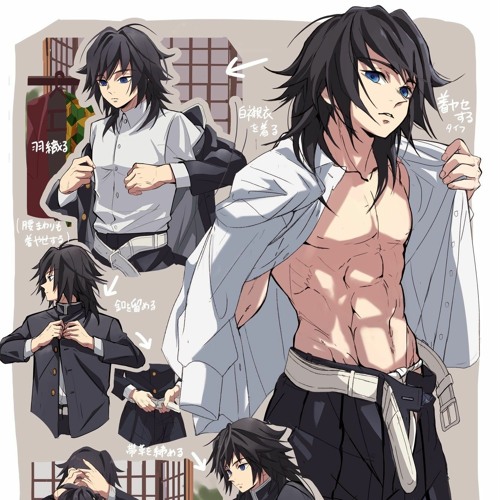 abs, comic, demon slayer, male, text, tomioka giyuu, topless, unbuttoned pants, unbuttoned shirt