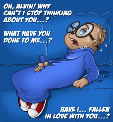 alvin_and_the_chipmunks bed blue_background blue_eyes bulge clothing ekuhvielle english_text erection eyewear gay glasses incest male masturbation no_humans penis plain_background shoes simon_seville sweat teeth text turtleneck