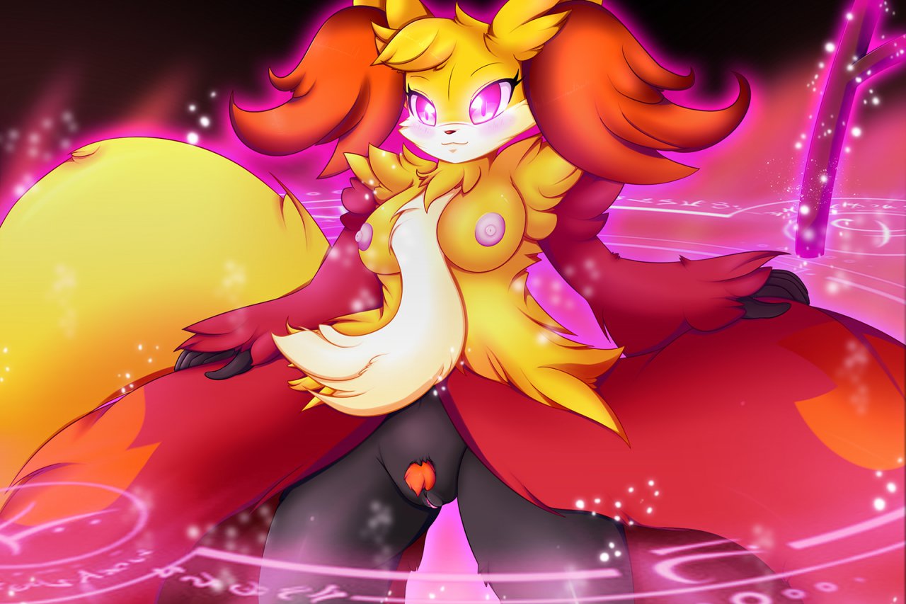 anthro breasts c0sm0 delphox female furry hair magic mahoxy nintendo pink_eyes pink_nipples pokemon pokemon_xy pubic_hair pussy solo tagme uncensored