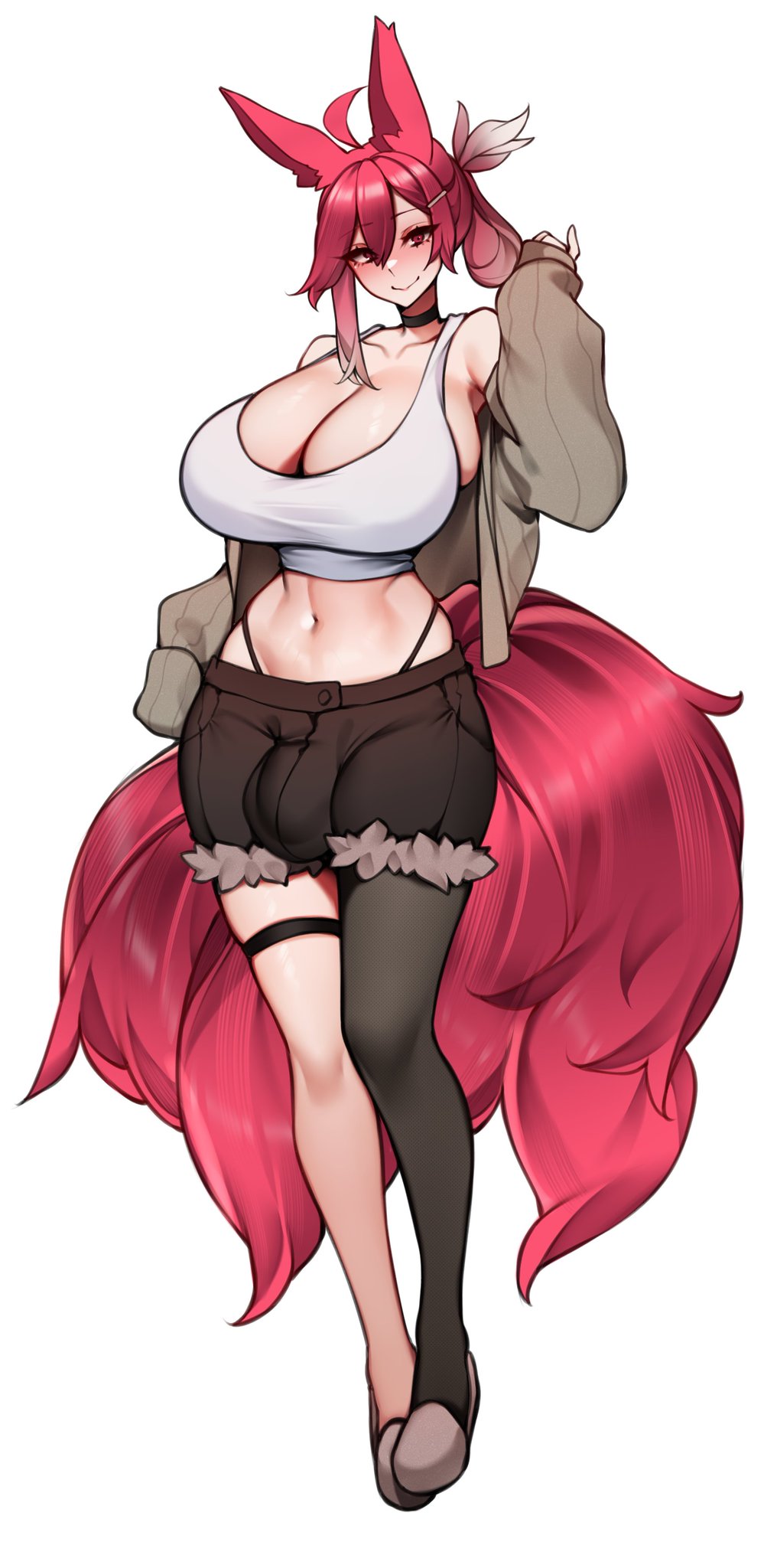 1futa big_breasts big_bulge big_hips big_thighs bulge bulge_through_clothing bulge_under_clothes busty clothed clothing curves curvy flaccid futa_only futanari huge_breasts light-skinned_futanari light_skin partially_clothed red_eyes red_hair shorts slippers solo stockings sweater tail thong unbeller white_background white_shirt wide_hips wolf_ears wolf_tail