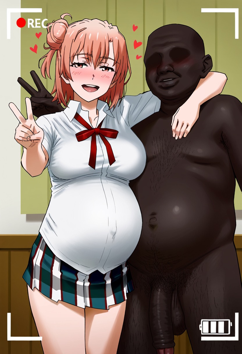 1boy 1boy1girl 1girl ai_generated arm_around_neck cheating cheating_girlfriend dark-skinned_male faceless_male fat_man female girthy_penis hairy_male heart interracial large_breasts large_penis looking_at_viewer my_teen_romantic_comedy_snafu netorare open_mouth peace_sign pregnant recording school_uniform selfie smile straight testicles veiny_penis waroffree yuigahama_yui