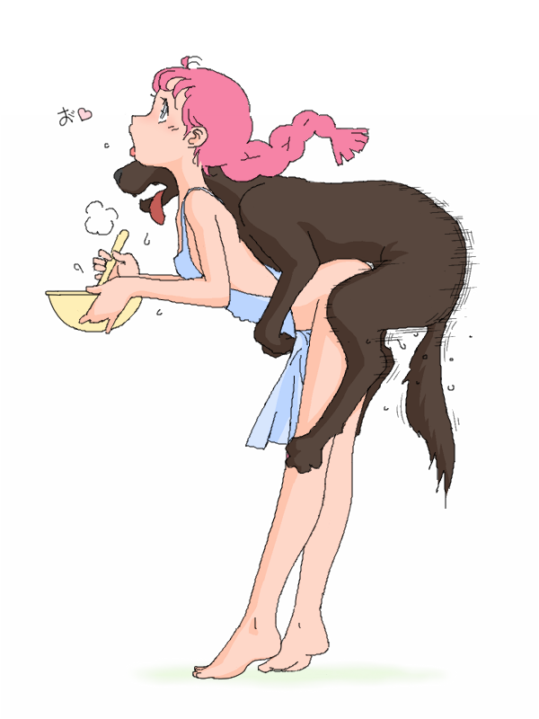 apron barefoot bent_over blush braid canine cote female heart long_hair moaning motion_lines multitasking naked_apron open_mouth original pink_hair profile sex side_view spoken_heart standing tongue tongue_out white_background zoophilia