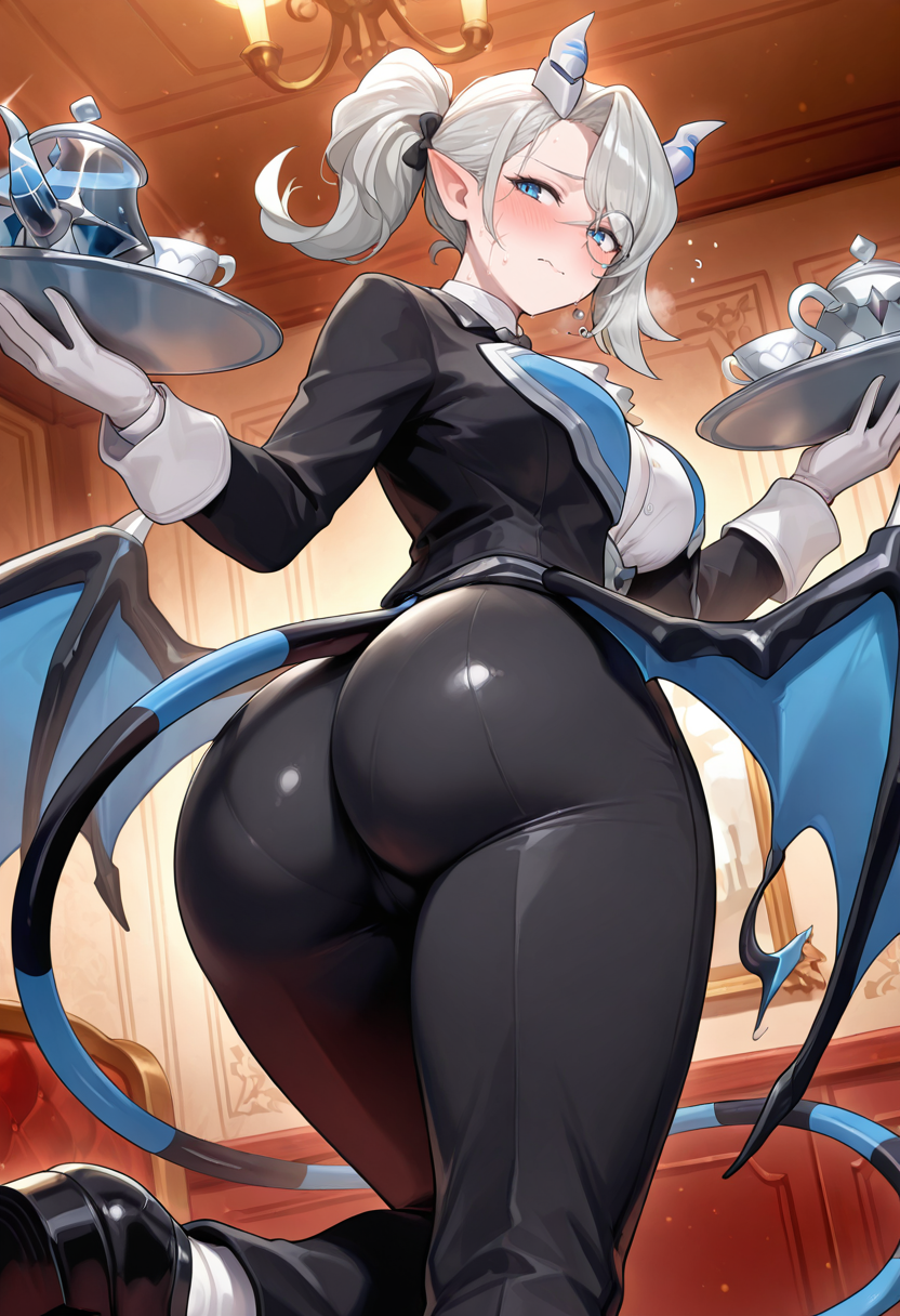 ai_generated arias_the_labrynth_butler blue_eyes blush clothing dat_ass demon demon_girl duel_monster female hi_res horns huge_ass looking_at_viewer low-angle_view nervous ponytail rear_view squirtle0007 tail white_hair yu-gi-oh!