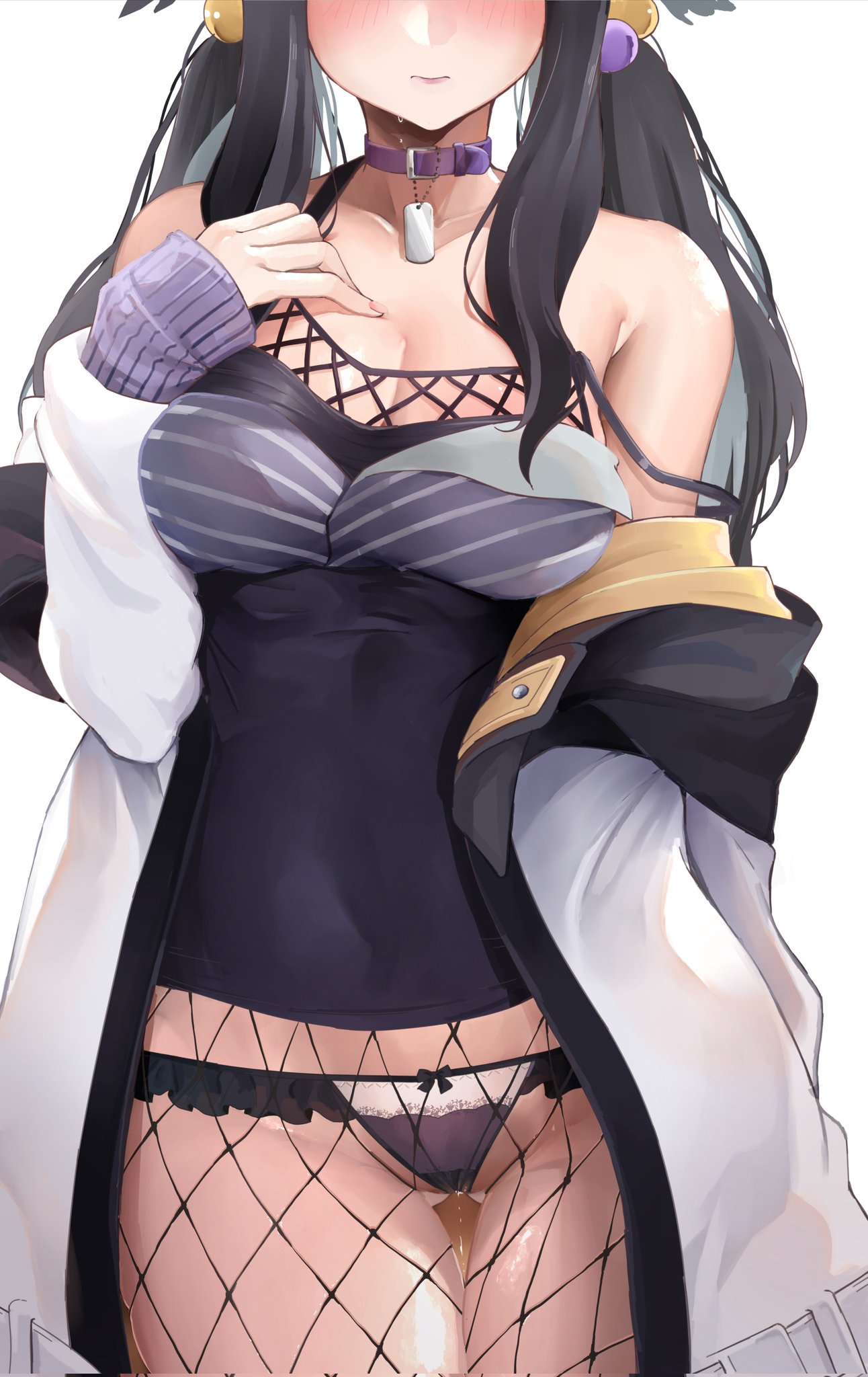 bare_shoulders black_hair black_shirt blue_archive blush bow bow_panties breasts choker cleavage closed_mouth collar corrupted_twitter_file covered_navel cowboy_shot dog_tags female fishnets head_out_of_frame hibiki_(blue_archive) highres jacket long_hair medium_breasts no_pants panties purple_panties pussy_juice sezok shirt simple_background solo underwear white_background white_jacket