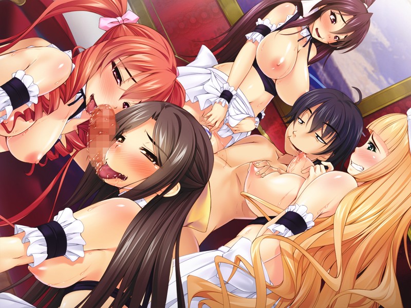 1boy 4girls breasts clothed_female_nude_male collaborative_fellatio fellatio femsub harem ishii_akira kimomen_demo_kyokon_nara_meimon_kou_no_ojousama_wo_sen_you_harama_celebribitch_ni_dekiru! large_breasts maid maledom miel_(company) multiple_girls multiple_subs nipples nude oral penis pimp slave teamwork