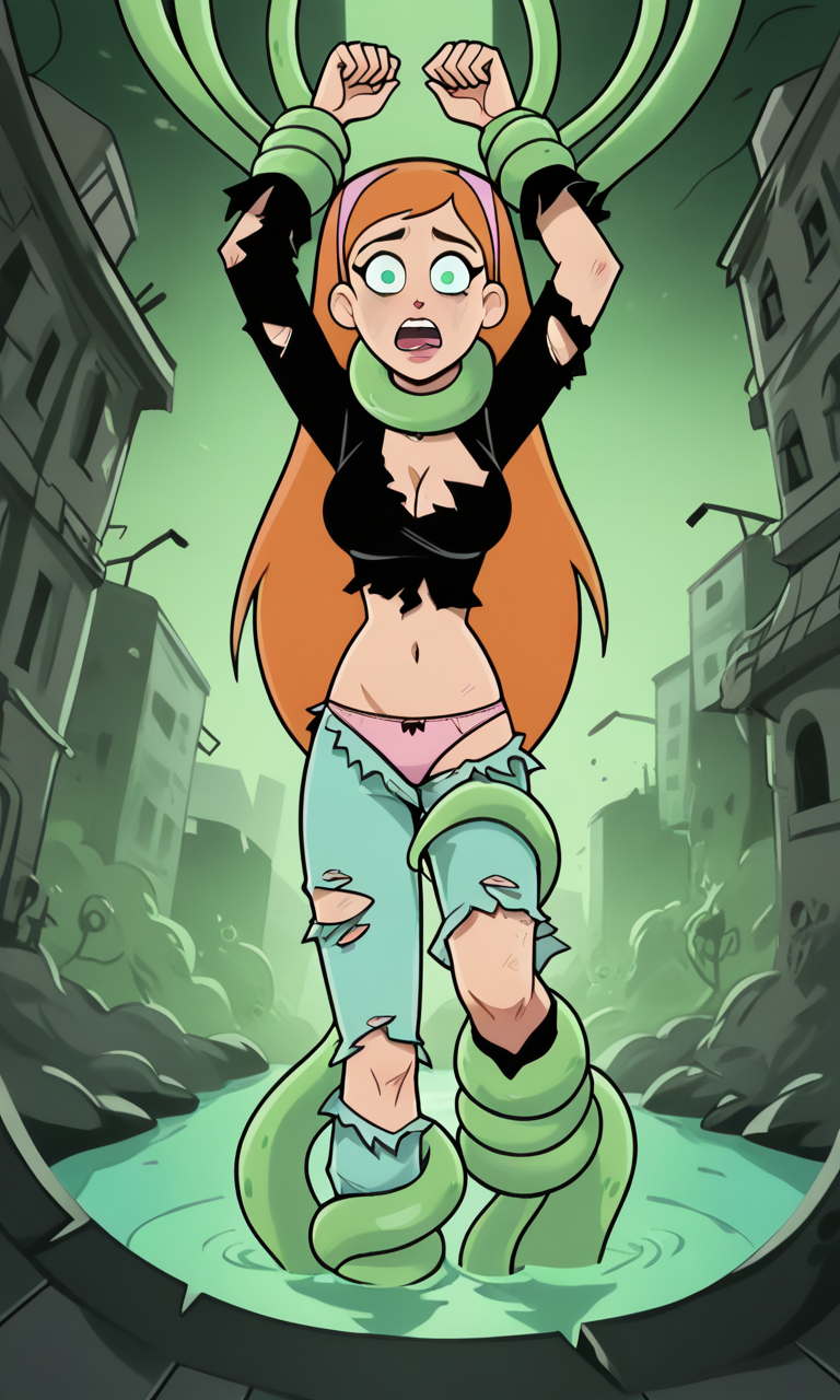 ai_generated ass bigmic145 black_shirt blue_eyes breasts cleavage corruption danny_phantom defeated defeated_heroine female hairband jazz_fenton jeans medium_breasts navel nickelodeon orange_hair panties restrained ripped_clothing ripped_pants sex sexually_suggestive shirt tentacle tentacle tentacle_rape tentacle_sex