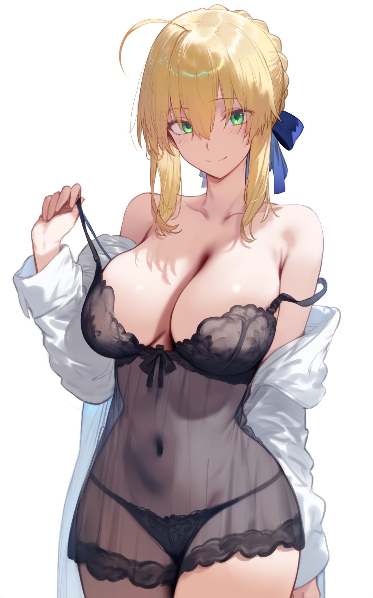 1girls ahoge ai_generated arthur_pendragon arthurian_legends artoria_pendragon bare_legs bare_shoulders bare_thighs belly_button_visible_through_clothing big_breasts black_panties blonde_hair blush breasts cleavage closed_mouth collarbone european_mythology fate/stay_night fate_(series) female_only green_eyes hair_ribbon lingerie medium_hair mythology nightgown panties public_domain royalty saber setsuaiart smile strap_pull strap_slip thighs underwear unworn_shirt