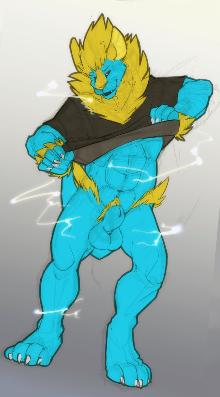 2013 anthro balls blue_fur brown_eyes canine claws clothed clothing electricity fur hair looking_at_viewer male male_only manectric manny_raibolt muscles nintendo no_swift open_mouth plain_background pokemon sheath smile solo standing teeth undressing video_games