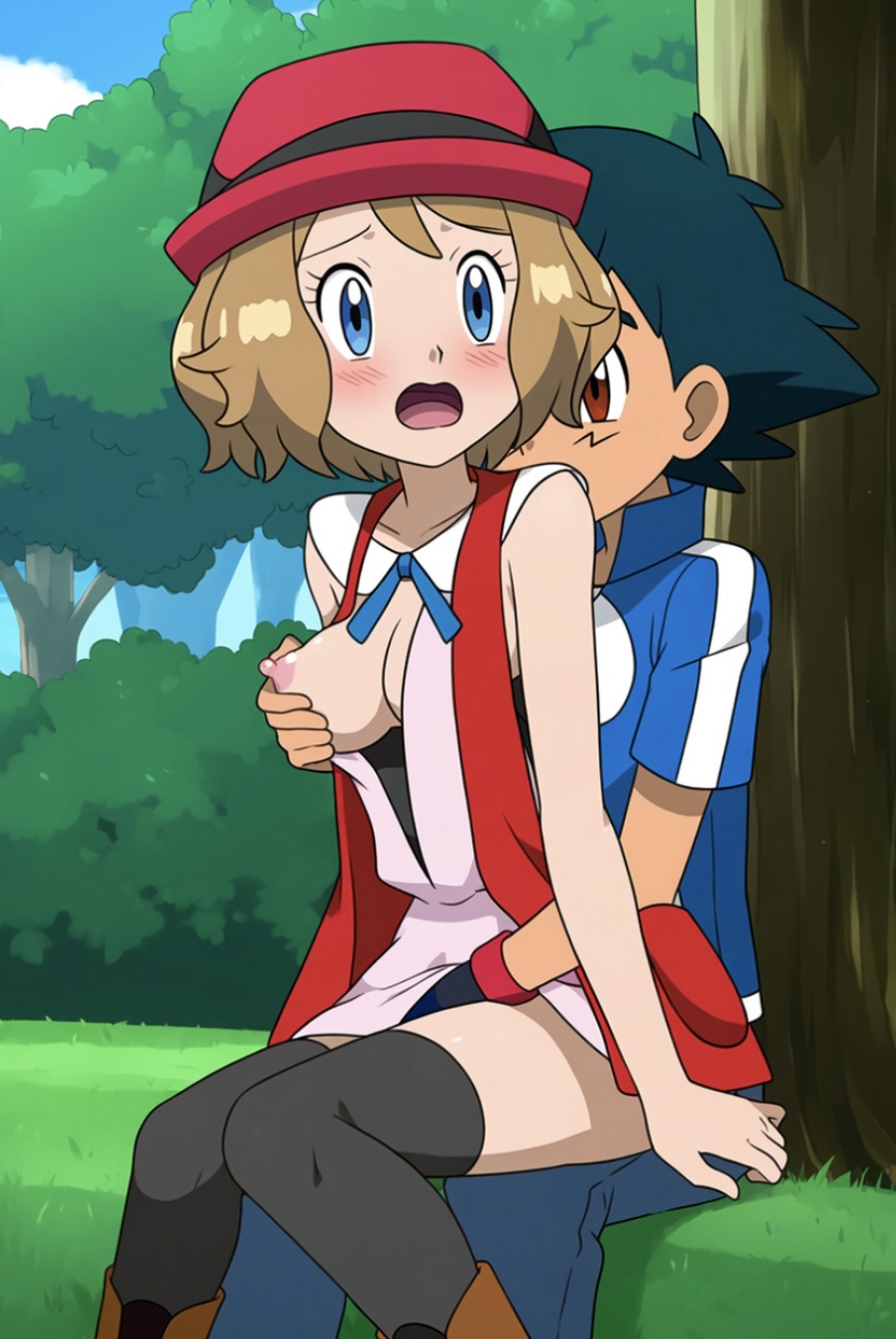 1boy 1girls asian_male_white_female blue_eyes breast_grab breast_squeeze canon_couple dirty_blonde_hair french_female from_behind from_behind_position japanese_male light-skinned_ love nintendo pokemon pokemon_(anime) pokemon_xy satoshi_(pokemon) serena_(pokemon)