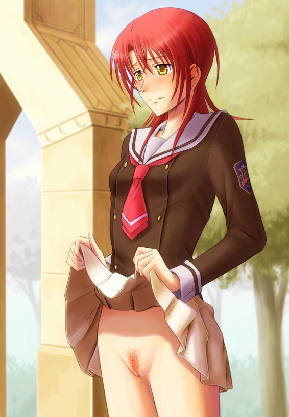 blush bonnie_(rsg) female hino_kahoko kiniro_no_koruda la_corda_d'oro long_hair no_panties outdoors pubic_hair pussy red_hair school_uniform skirt_lift solo standing uncensored yellow_eyes