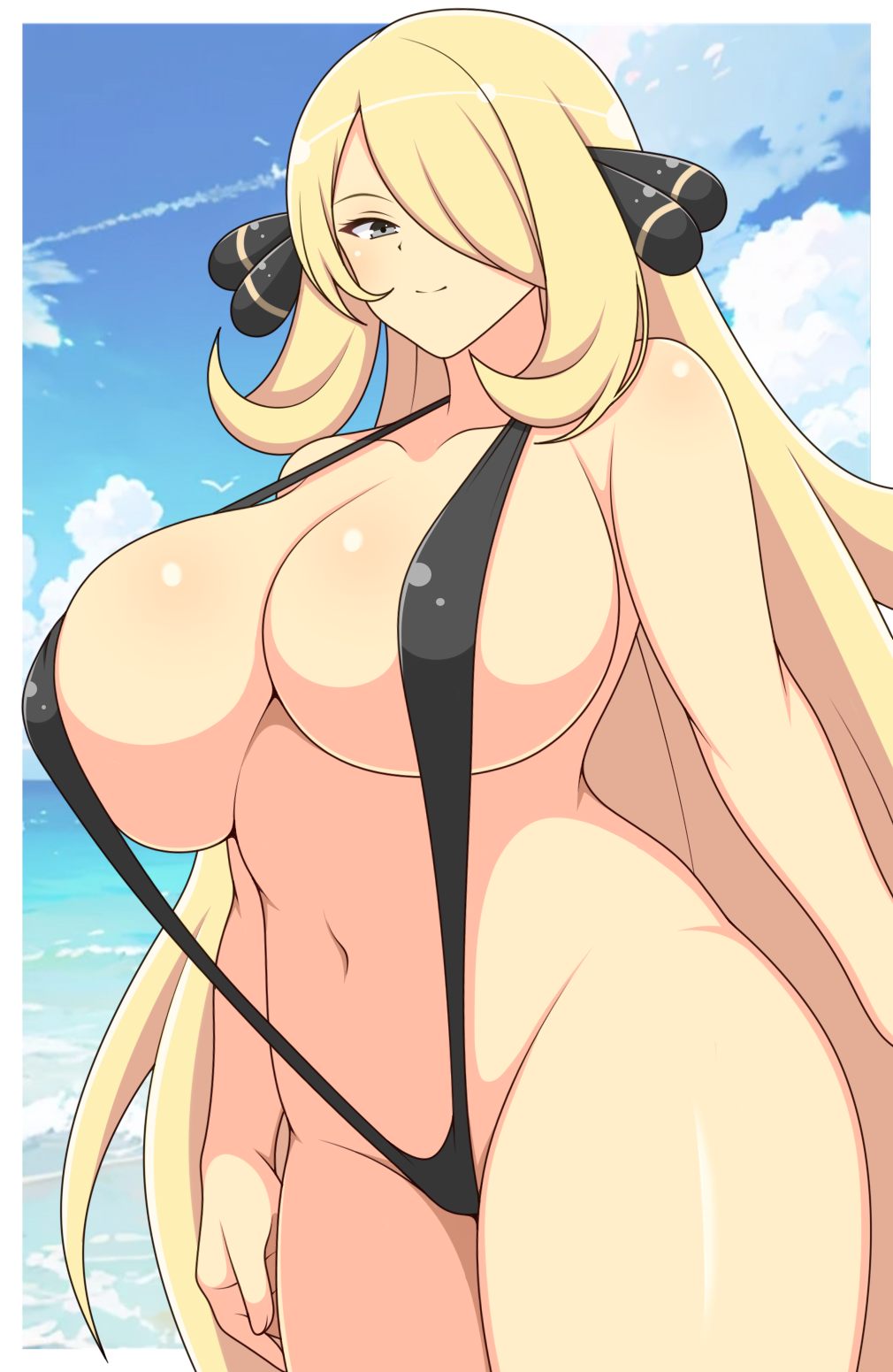 1girls big_breasts black_eyes black_sling_bikini blonde_hair breasts cleavage cynthia_(pokemon) female female_only game_freak hair hair_over_one_eye hips huge_breasts ichiryuu_tsumiki large_breasts long_hair mature mature_female mature_woman pokemon pokemon_dppt skimpy skimpy_bikini sling_bikini solo solo_female swimwear thighs