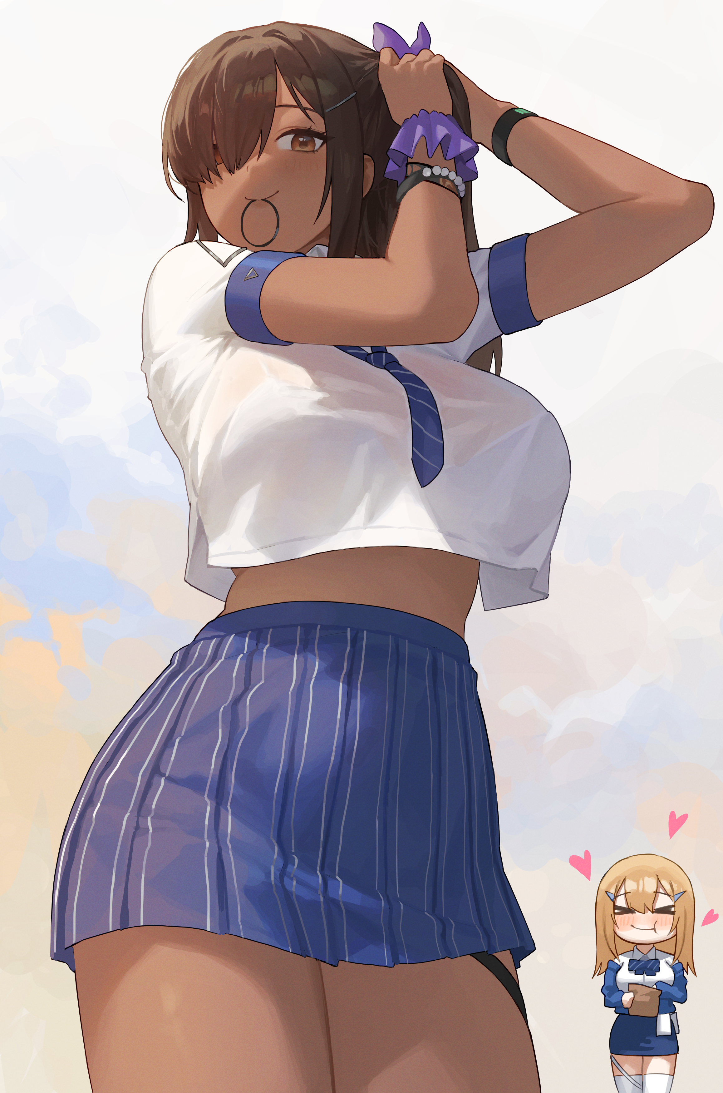 2girls, big breasts, blue skirt, bracelet, breasts, dark skin, dark-skinned female, dazzling pearl (nikke), female, female focus, female only, goddess of victory: nikke, grin, gyaru, hi res, highres, huge breasts, large breasts, light skin, light-skinned female, missilis (nikke), naga (nikke), nhaliz, school uniform, skirt, smile, smirk, solo, solo female, solo focus, tia (nikke), yuri