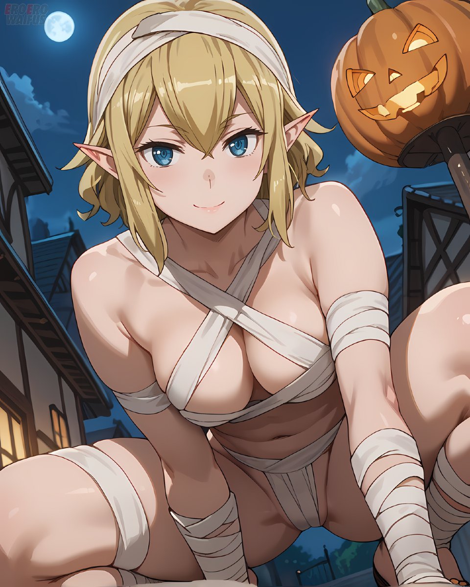 ai_generated athletic_female bare_thighs big_breasts blonde_hair blue_eyes dungeon_ni_deai_wo_motomeru_no_wa_machigatteiru_darou_ka elf elf_ears elf_female eroero_waifus halloween halloween_costume huge_breasts huge_thighs large_breasts light-skinned_female light_skin looking_at_viewer mummy mummy_costume oiled_body oiled_skin ryuu_lion short_hair smiling solo_female squatting sweat sweatdrop thick_thighs thighs voluptuous voluptuous_female