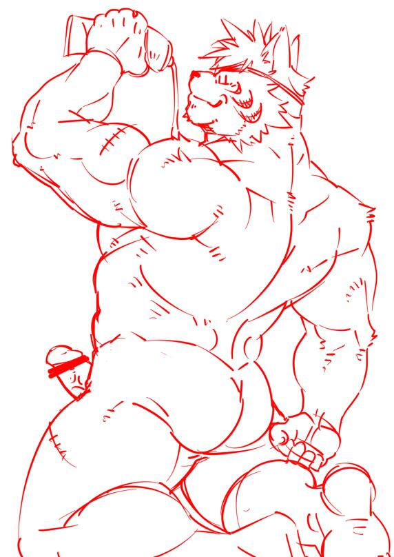 anthro ass biceps big_muscles dandoo dard drakuun eye_patch eyewear feline fur furry hair kneeling male male_only muscles penis scar solo tiger