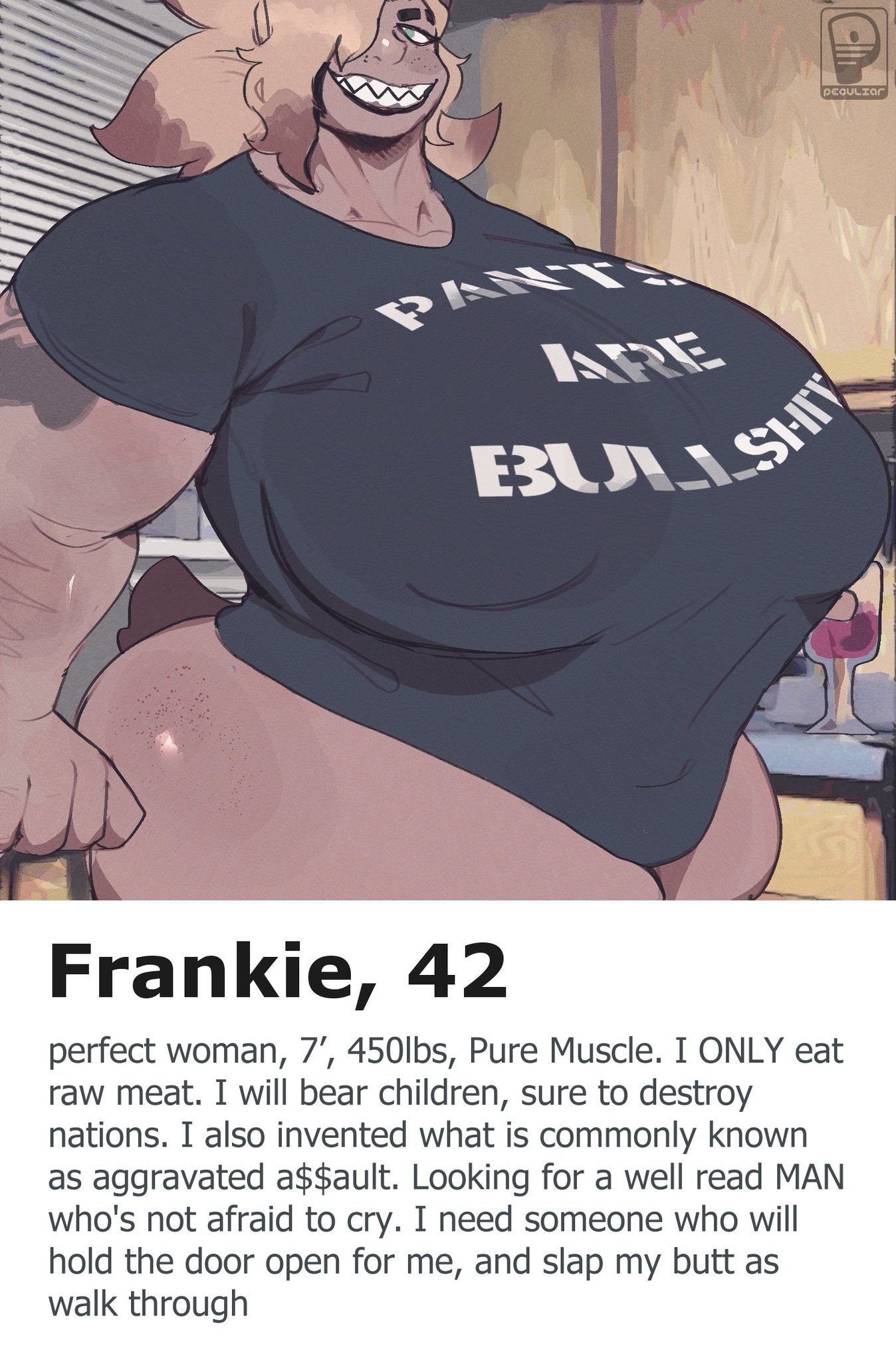 1girls, bbw, bear girl, bear tail, big breasts, big thighs, breasts, confident, female, frankie wynters (peculiart), freckles, freckles on face, large breasts, no pants, peculiart, sharp teeth, tan skin, tattoo, tinder perfect woman (meme)