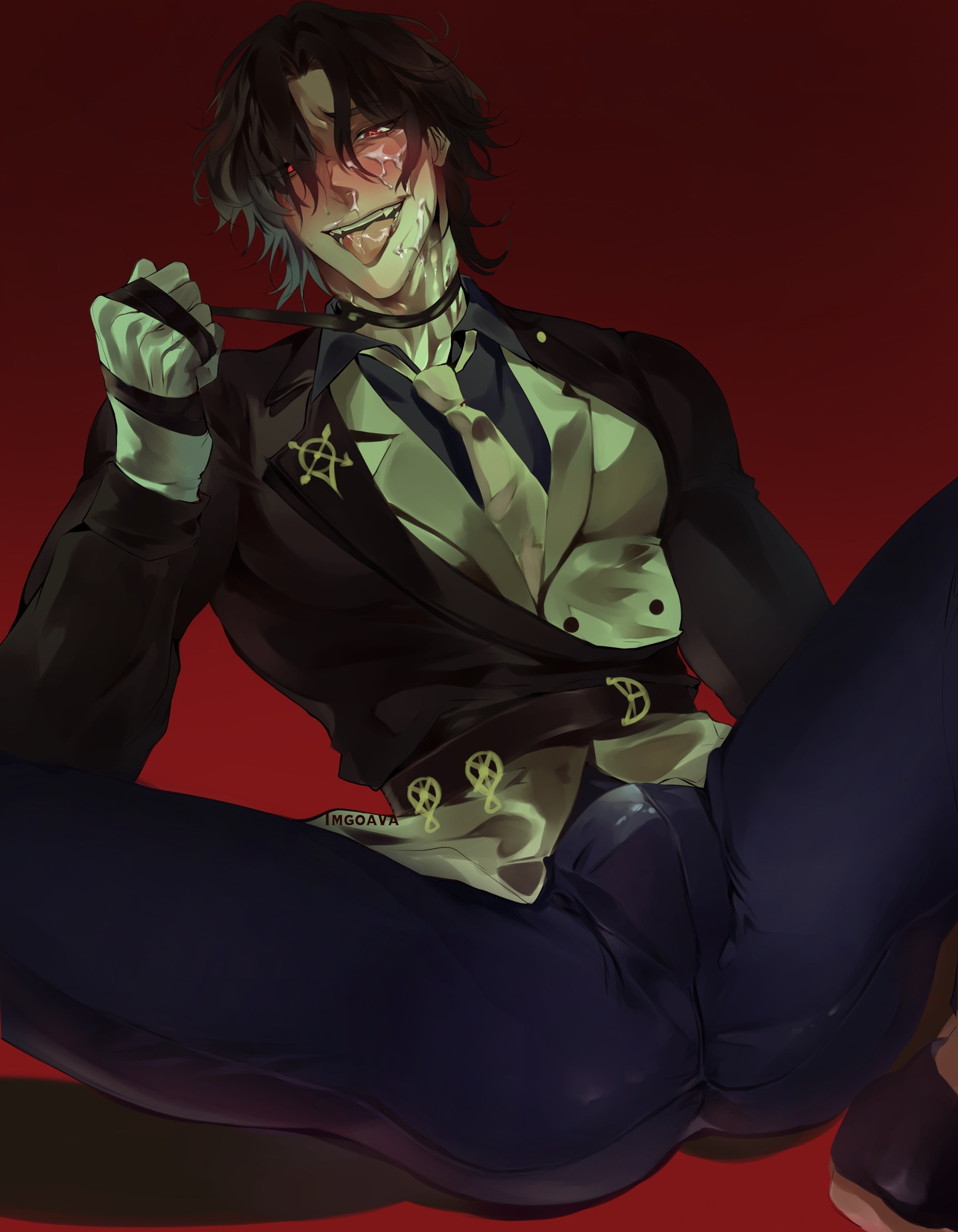 1boy, asphyxiation, bulge, bulge through clothing, collar, erection, facial, honkai: star rail, male, male only, mr. reca (honkai: star rail), solo