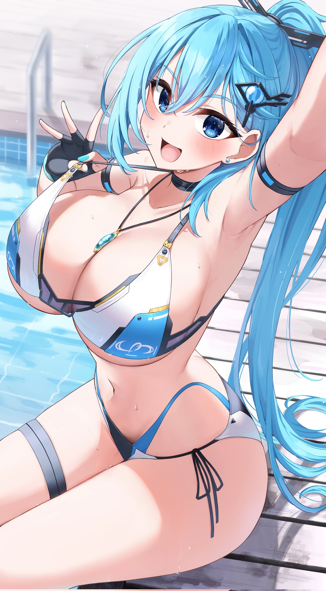 bikini blue_hair cleavage large_breasts morros ponytail pool