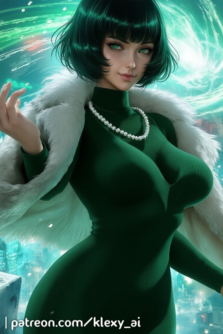 ai_generated bangs black_green_hair bob_haircut confident_expression curled_fingers dark_green_dress energy_swirl extended_arm fair_skin female form-fitting_dress fubuki_(one-punch_man) fur_trimmed_coat green_eyes hourglass_figure klexyai leader long_sleeves one_punch_man patreon pearl_necklace psychic_abilities secluded_area short_hair smirk telekinesis urban_battlefield v-neck wind_swirl