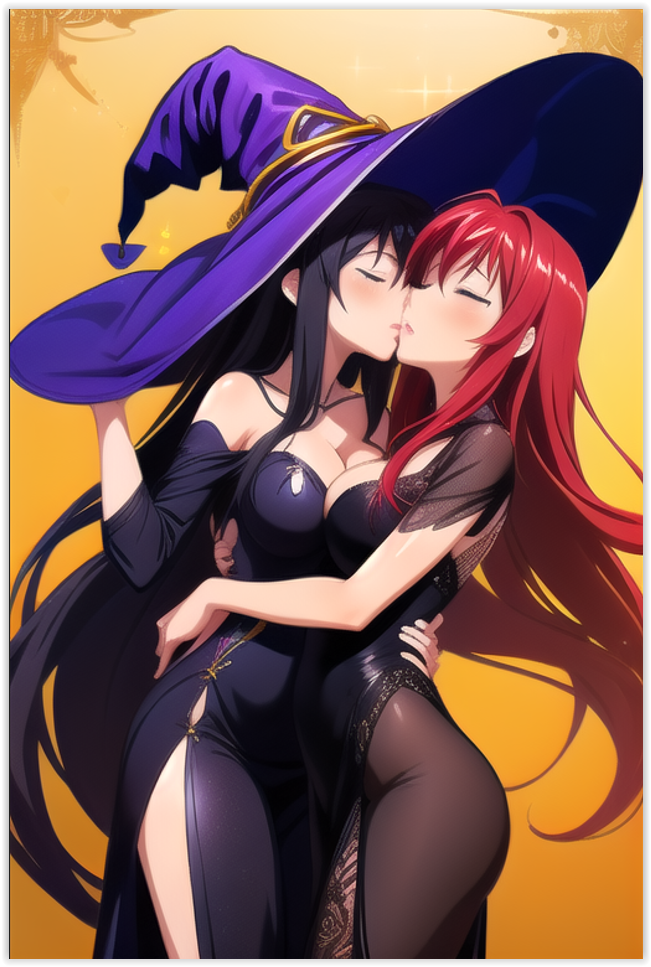 2girls 2women ai_generated akeno_himejima female girl_on_girl high_school_dxd lesbian_couple lesbian_kiss lesbian_sex rias_gremory witch_hat yuri