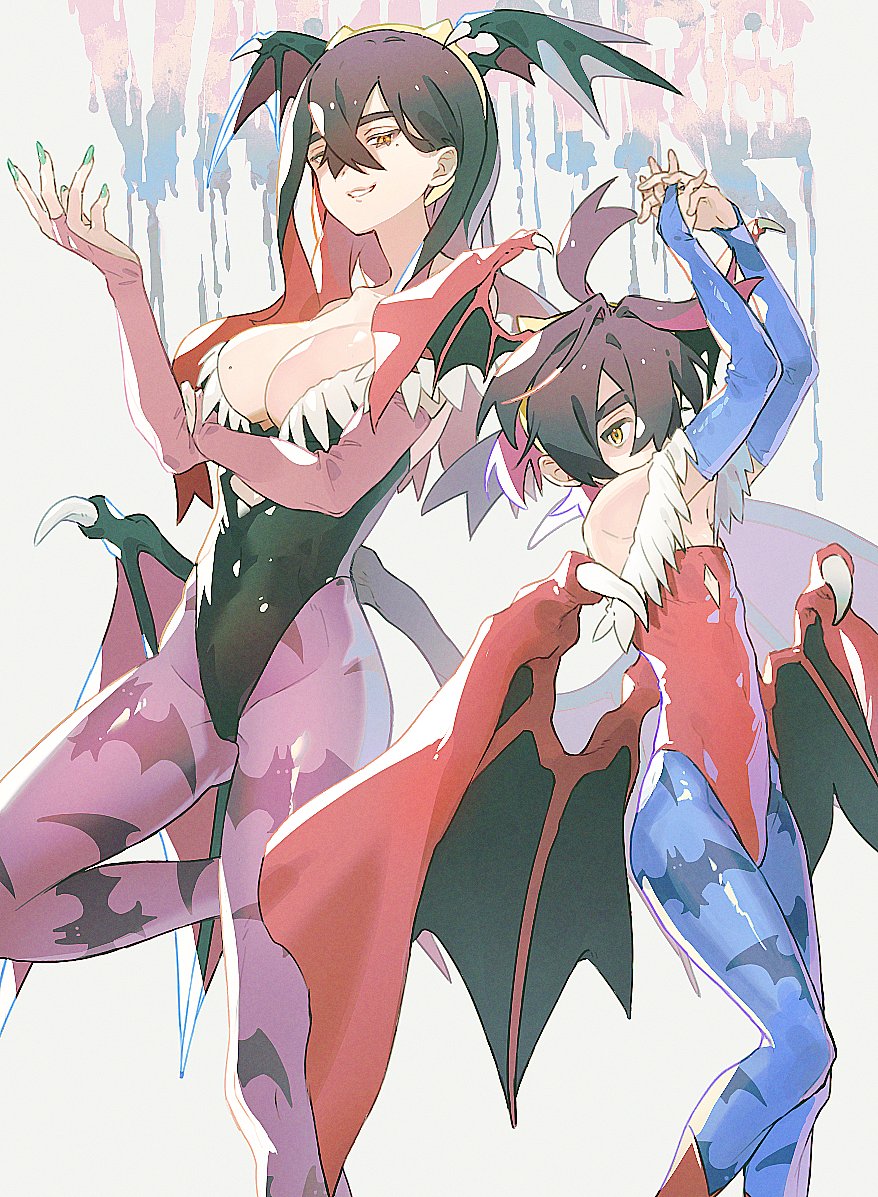 1boy ahoge alternate_breast_size animal_print arms_up bare_shoulders bat_print bat_wings black_hair black_leotard blue_gloves blue_pantyhose breasts bridal_gauntlets brother_and_sister carmine_(pokemon) clawed_wings claws cleavage colored_inner_hair copyright_name cosplay creatures_(company) crossdressing crossed_bangs darkstalkers diamond_cutout embarassed english_text eyelashes female femboy fingernails fur-trimmed_leotard fur_trim game_freak gloves green_nails hair_between_eyes hairband hand_up head_wings highleg highleg_leotard honyaru_(nanairo39) huge_ahoge implied_incest incest kieran_(pokemon) knee_up large_breasts leg_up leotard lilith_(darkstalkers) lilith_(darkstalkers)_(cosplay) long_fingernails long_hair looking_at_viewer low_wings mole mole_on_breast mole_under_eye morrigan_aensland morrigan_aensland_(cosplay) multicolored_hair nail_polish naughty_face nintendo off-shoulder_leotard pantyhose parted_lips pink_gloves pokemon pokemon_sv print_pantyhose purple_hair purple_pantyhose red_hair red_leotard red_wings ribs seductive_smile short_hair siblings slit_pupils smile two-tone_hair wings yellow_eyes yellow_hairband