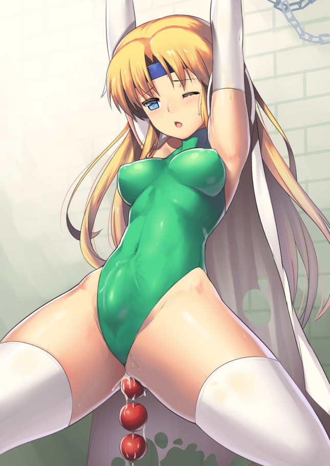 :o, anal beads, arms up, blonde hair, blue eyes, bondage, breasts, bulge, cameltail, cape, celes chere, censored, chains, female, final fantasy, final fantasy vi, futanari, headband, intersex, leotard, long hair, mosaic censoring, nagase haruhito, solo futa, thighhighs, wink