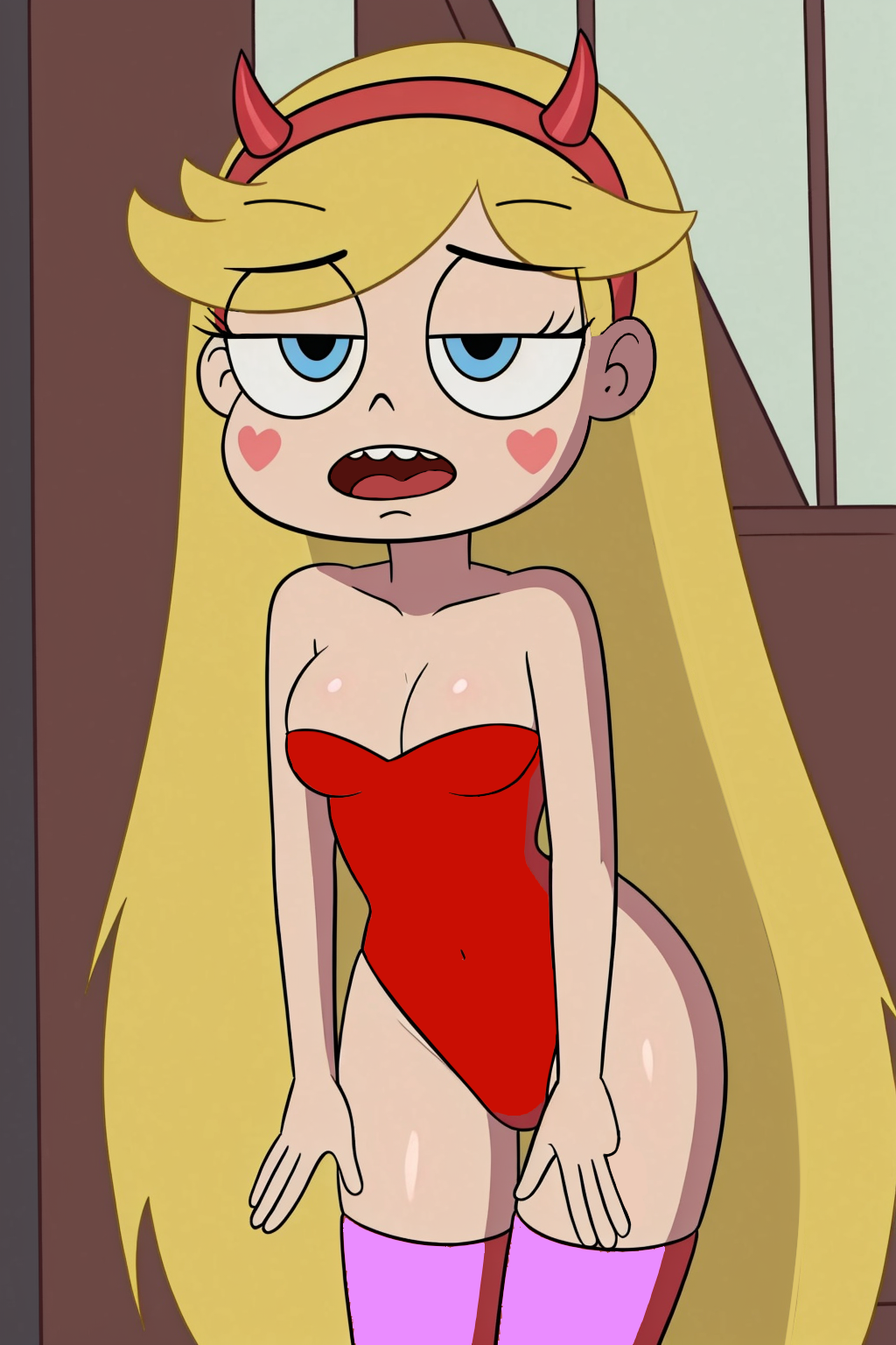 ai_generated blonde_hair blue_eyes fake_horn heart meikerai3d open_mouth red_leotard room star_butterfly star_vs_the_forces_of_evil