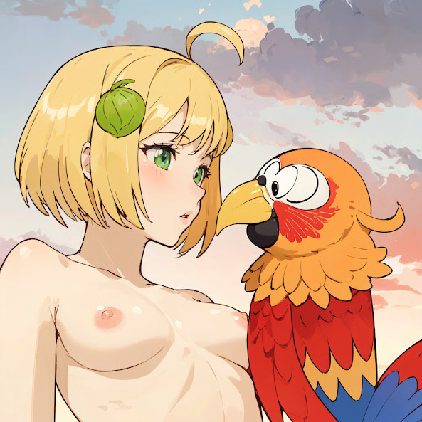 about_to_kiss ai_generated bestiality blonde_hair breasts bust female green_eyes kissing mellonnchan parrot sergio sky sky_background sunset the_casagrandes the_loud_house zoophilia