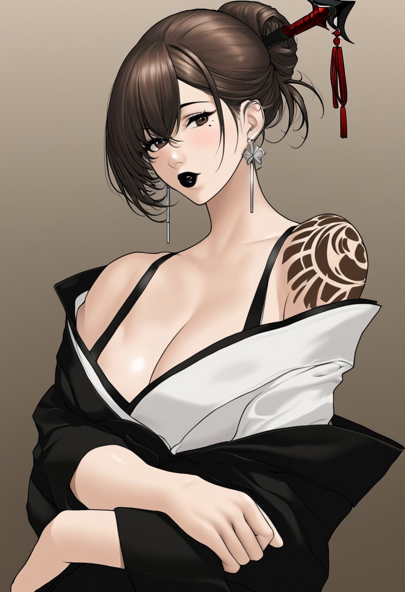 ai_generated akeha black_hair black_lipstick breasts cleavage female female_only hair_over_one_eye kimono lipstick mature_female nier_(series) nier_reincarnation pale-skinned_female shoulder_tattoo tattoo tied_hair