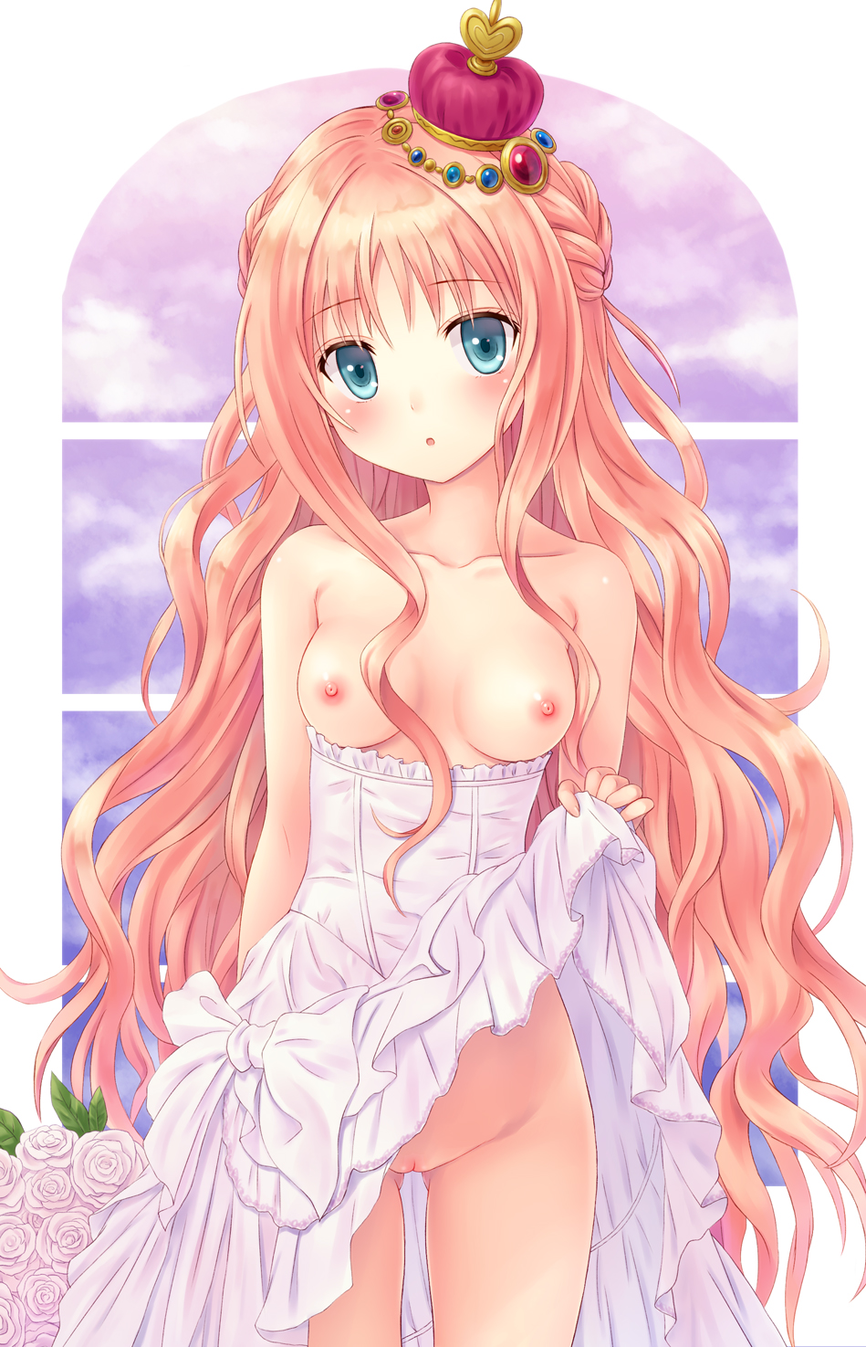 :o aqua_eyes atelier_(series) atelier_meruru bare_shoulders blush breasts cleft_of_venus collarbone crown dress dress_lift dress_pull female flower highres long_hair looking_at_viewer medium_breasts merurulince_rede_arls mini_crown mound_of_venus n.g. nipples no_bra no_panties open_mouth pink_rose pussy red_hair rose solo thigh_gap topless uncensored very_long_hair wavy_hair white_dress