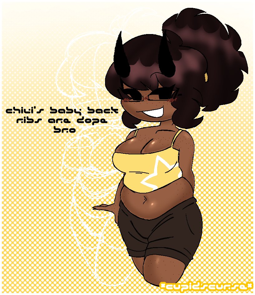 black_eyes black_hair black_jean_shorts blush_lines brown_skin chubby_female cupidscurse freckles_on_breasts freckles_on_face freckles_on_shoulders freckles_on_stomach freckles_on_thighs glasses_on_face horns smiling_at_viewer text yellow_tank_top