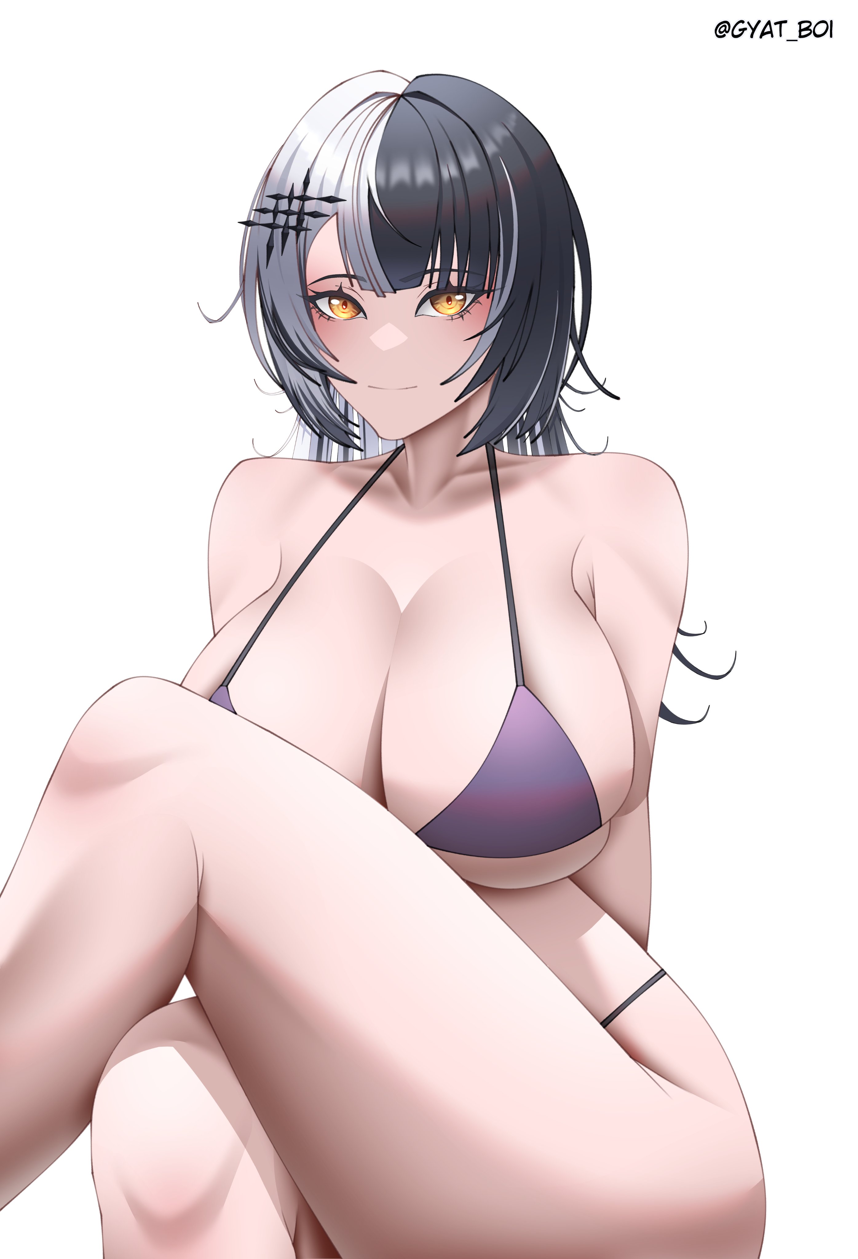 1girls, big breasts, bikini, black hair, breasts, crossed legs, female, golden eyes, hololive, hololive advent, hololive english, hololive english -advent-, huge breasts, looking at viewer, multicolored hair, purple bikini, shiori novella, smiling at viewer, virtual youtuber