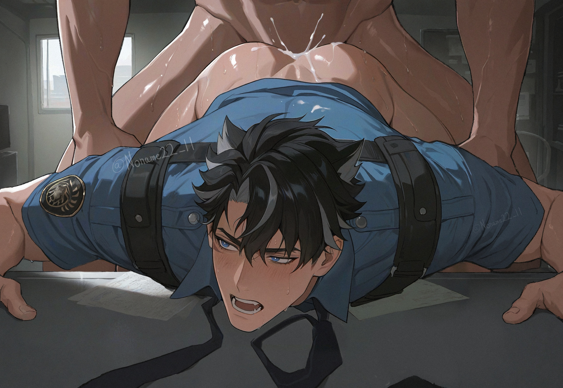 2boys, ai generated, anal, bara, black hair, cum, gay, gay domination, gay sex, genshin impact, male, male focus, male only, male/male, noname22 11, police officer, police uniform, wriothesley (genshin impact), yaoi