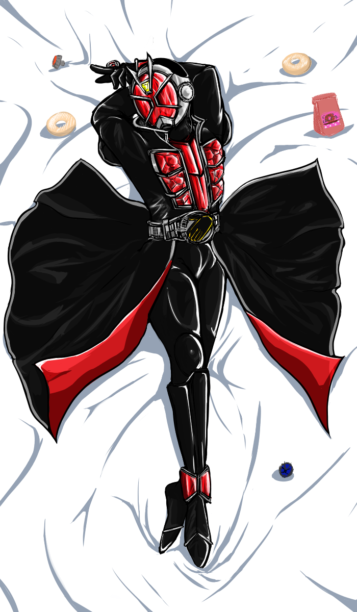 armor armored armored_male arms_up black_armor clothed clothing clothing_lift dakimakura dakimakura_(medium) dakimakura_design donut donuts fully_clothed jewelry kamen_rider kamen_rider_wizard kamen_rider_wizard_(series) laying_down laying_on_back laying_on_bed male male_only masked masked_male posing posing_for_the_viewer red_armor ring seductive_pose solo solo_focus