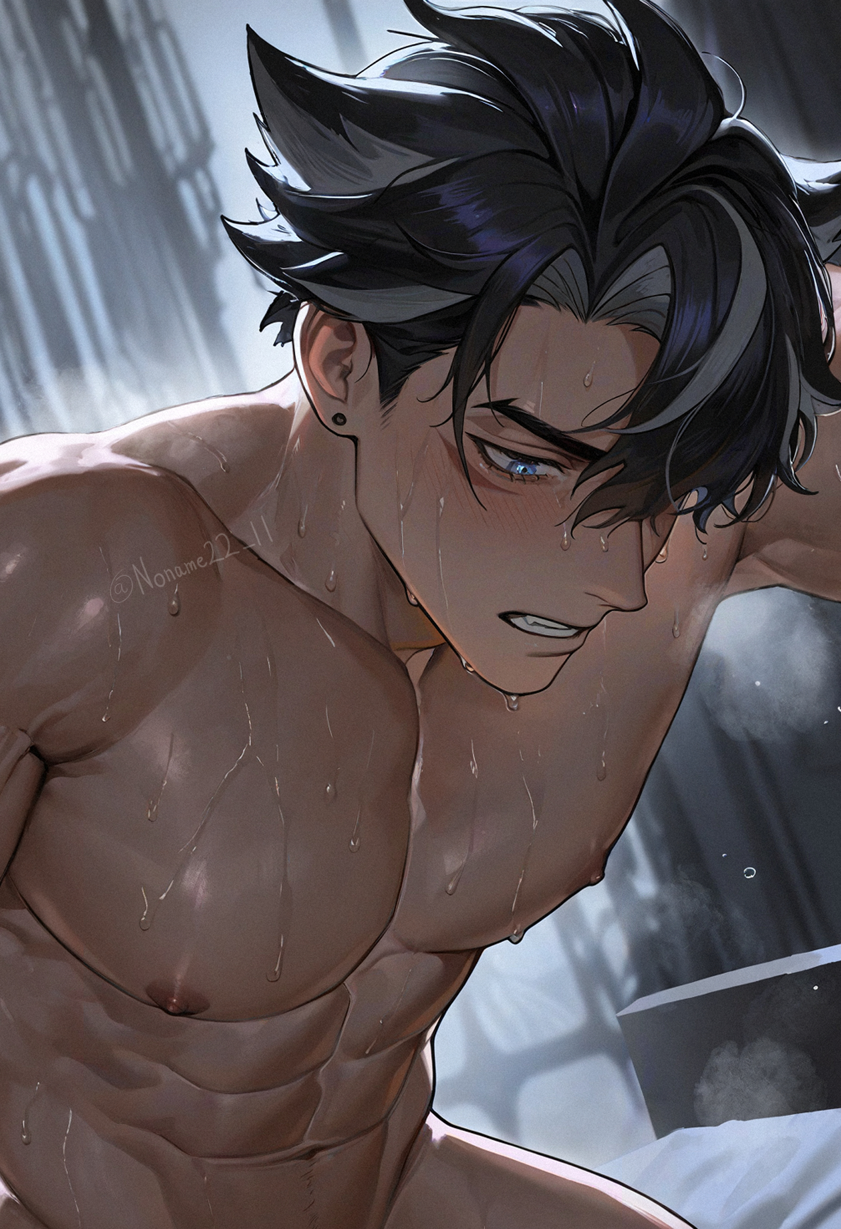 ai generated, bara, genshin impact, male, male focus, male only, noname22 11, wriothesley (genshin impact), yaoi