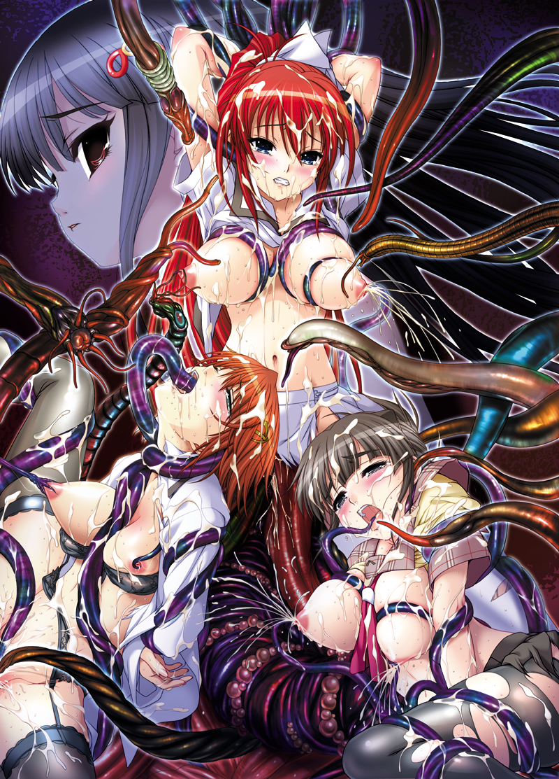 aojiru bow breasts clothing cum extreme_content inyouchuu lactation large_breasts monster nipples open_clothes open_shirt pantyhose shirt skirt stockings tentacle thighhighs wet