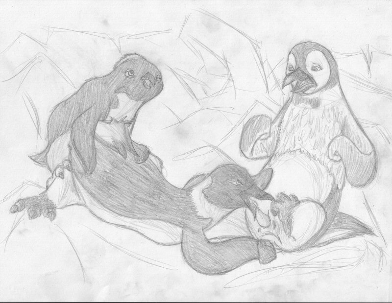 amarimasi anthro avian fellatio female furry gloria_(happy_feet) group group_sex happy_feet male monochrome mumble nudity oral penguin penis ramon sex threesome traditional_art trio warner_brothers