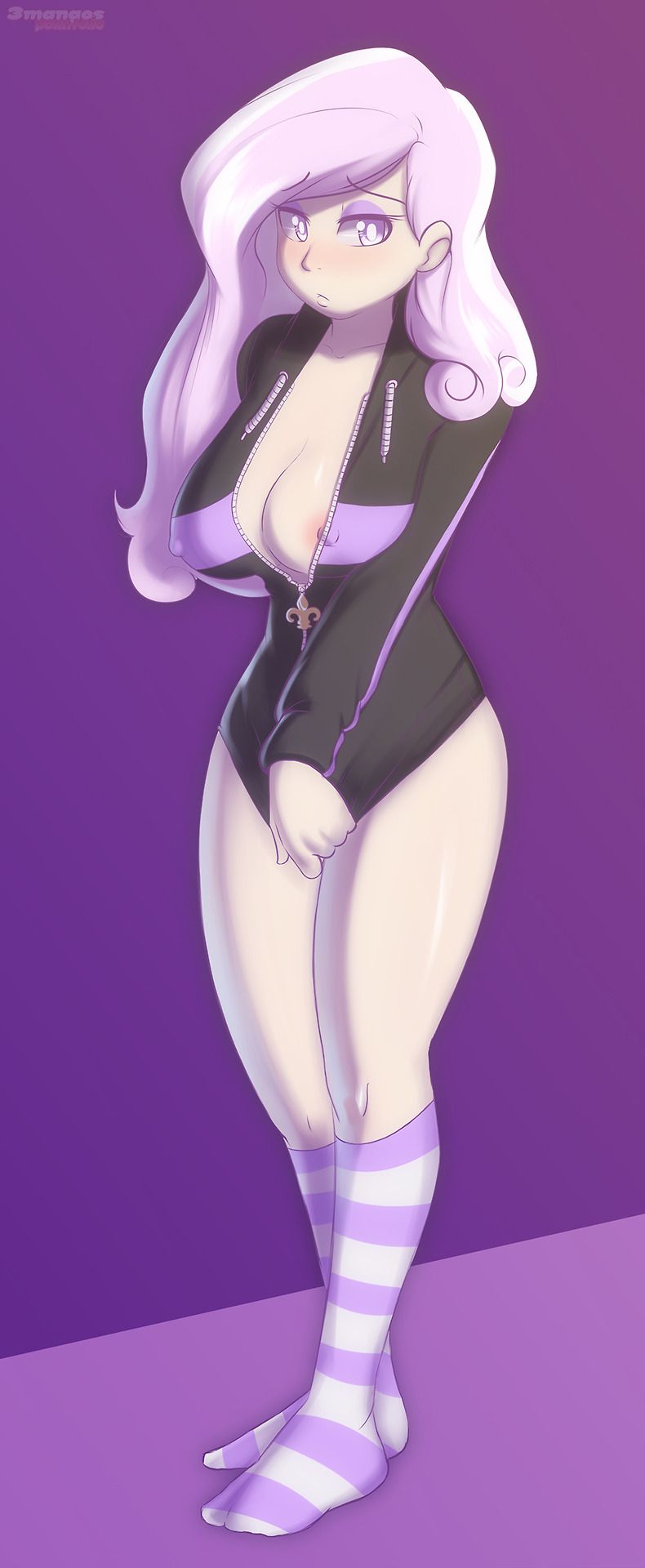 1girls, 3mangos, areola, areola slip, blush, bottomless, breasts, busty, cleavage, erect nipples, eyeliner, eyeshadow, female, fleur de lis (mlp), friendship is magic, frown, human, humanized, knee socks, kneehighs, kneesocks, large breasts, long hair, looking away, makeup, my little pony, nipple bulge, nipple slip, nipples, no bra, open clothes, personification, pink eyes, pink hair, purple socks, socks, solo, standing, striped, striped socks, tall image, two-tone hair, unzipped, voluptuous, white hair, white socks