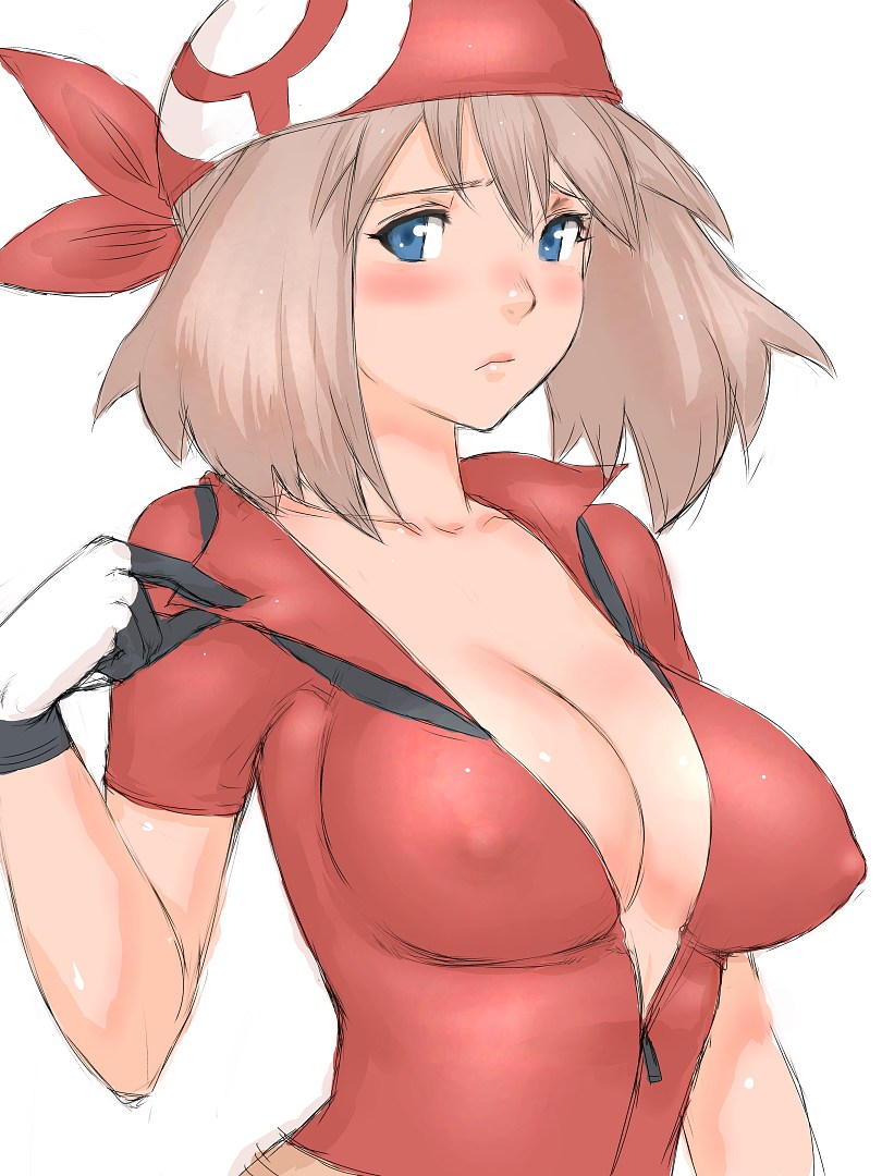 bandana, blue eyes, blush, breasts, brown hair, bust, cleavage, erect nipples, female, female only, fumio (rsqkr), gloves, human, human only, large breasts, may (pokemon), nipples, open clothes, open shirt, pokemon, shirt, solo, zipper