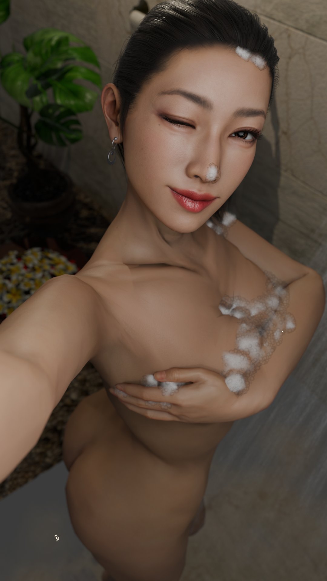 1girls, 3d, 3d (artwork), 3d model, big ass, black hair, black hair female, black-haired female, bubbles, chitose fujinomiya, covering breasts, earrings, female, female focus, female only, freakpossum, girl focus, lips, lipstick, looking at viewer, phone, ryuu ga gotoku, selfie, shower, soap bubbles, solo, solo female, tagme, wink, winking, winking at viewer, yakuza (series)