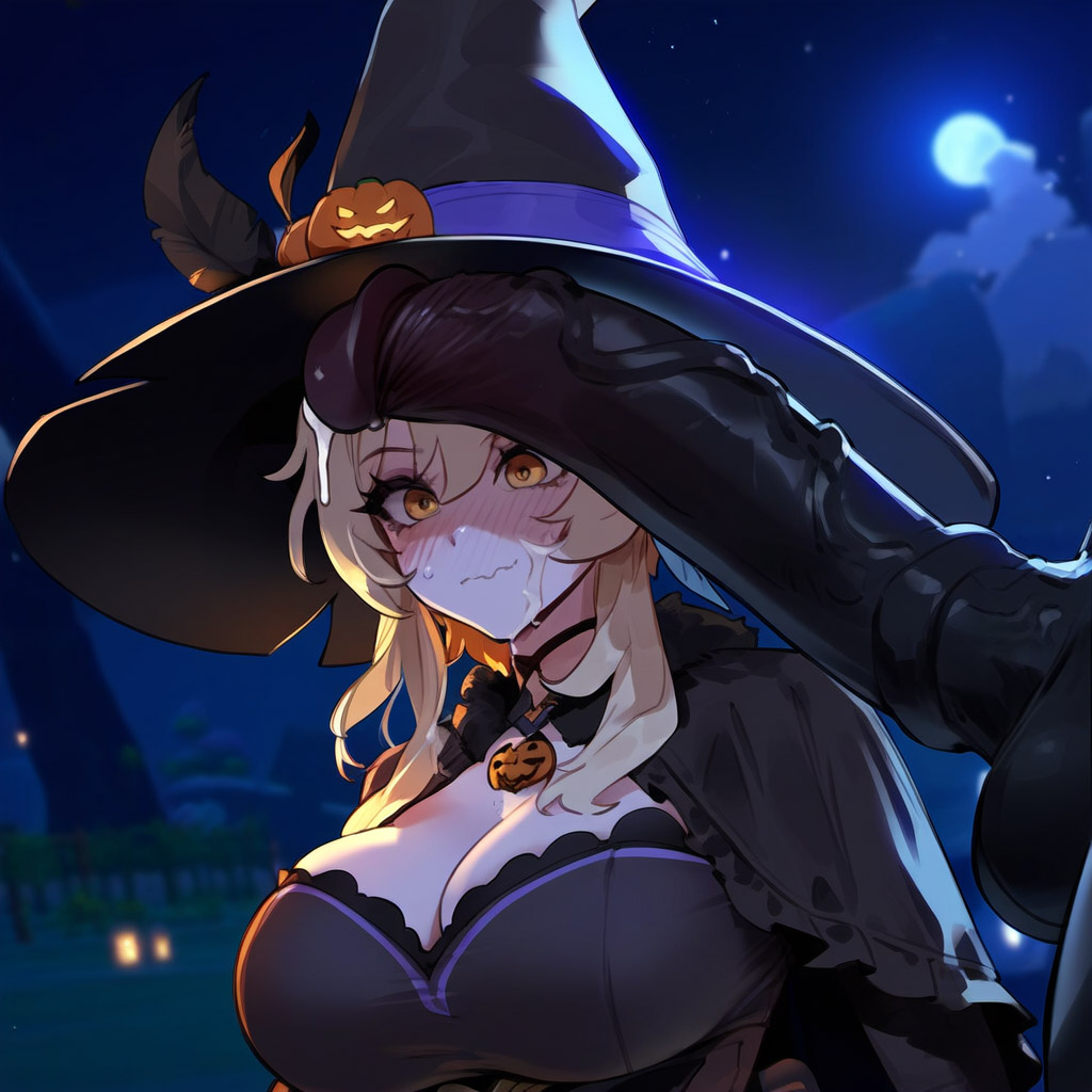 1girls, ai generated, balls, black headwear, blonde hair, blush, breasts, cleavage, closed mouth, cum, cum on face, dark skin, dark-skinned male, eyebrows visible through hair, female, full moon, genshin impact, halloween, halloween costume, hat, hilichurls (species), huge cock, large breasts, long hair, lumine (genshin impact), male, moon, night, night sky, outdoors, penis, penis awe, penis on face, pov, sky, solo, testicles, wavy mouth, witch hat, yellow eyes