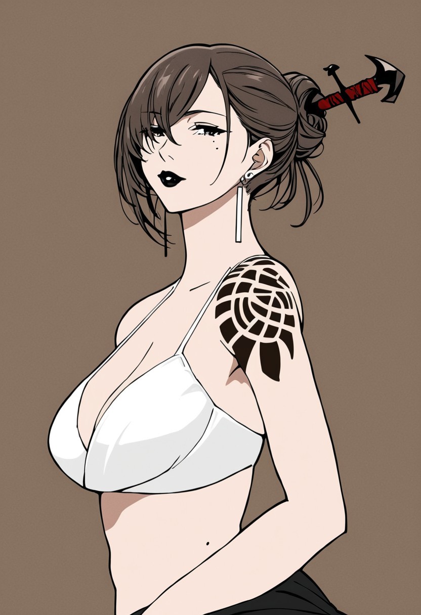 ai_generated akeha black_hair black_lipstick bra breasts cleavage female female_only hair_over_one_eye large_breasts lipstick mature_female nier_(series) nier_reincarnation pale-skinned_female shoulder_tattoo tattoo tied_hair