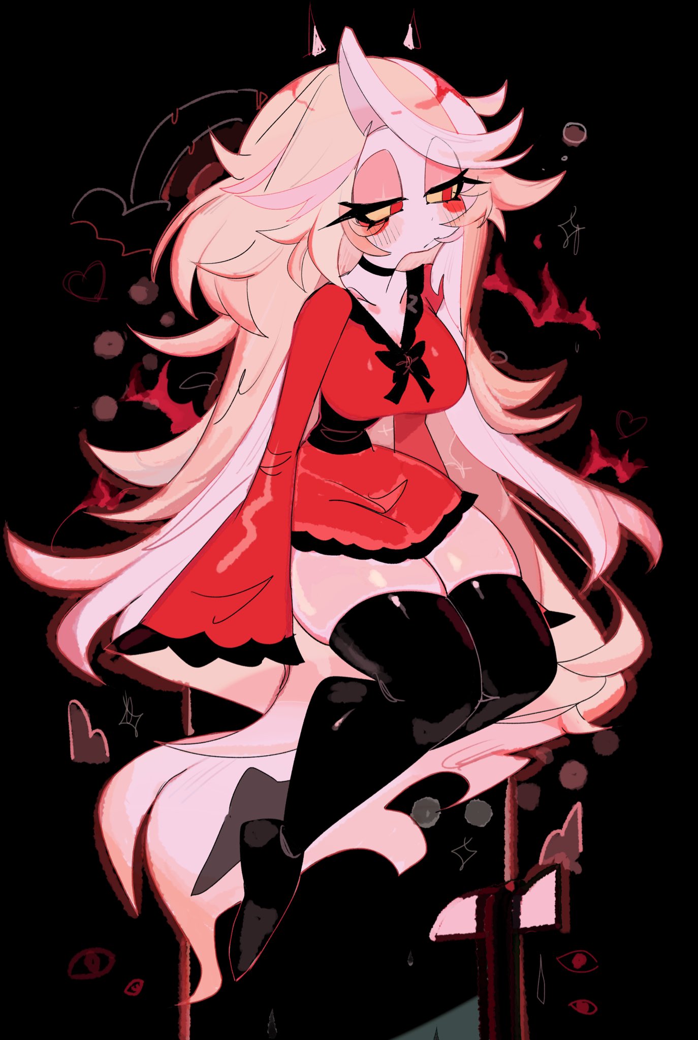 blonde_hair blush_stickers bow bowtie charlie_morningstar_(hazbin_hotel) colored_sclera colored_skin demon_girl demon_horns female formal hazbin_hotel highres horns long_hair looking_at_viewer red_eyes red_sclera sfw suit usa37107692 very_long_hair yellow_sclera