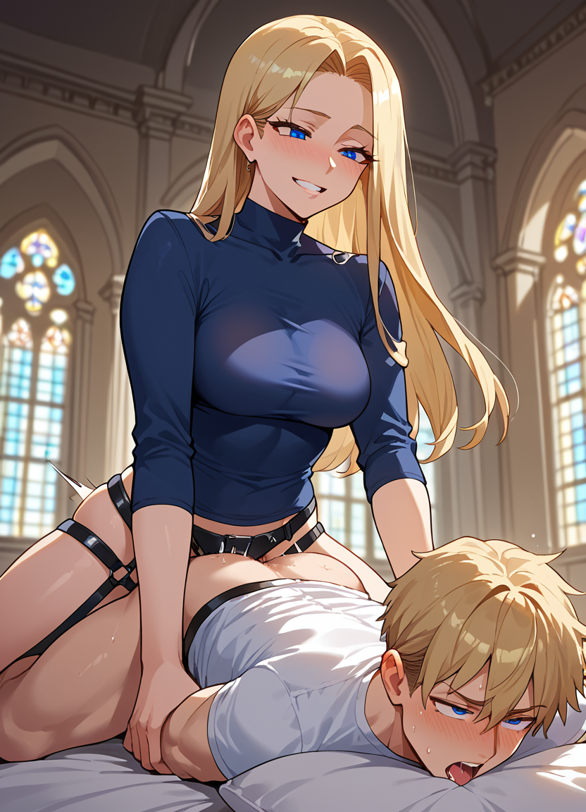 ahe_gao ai_generated anal blonde_female blonde_hair blue_eyes blush_lines doggy_style dominant_female dominatrix drooling female_penetrating female_penetrating_male femdom fit_female garter_straps long_hair looking_at_partner looking_down male_ahegao male_penetrated pegging prostate_stimulation smile smiling_at_partner strapon strapon_in_ass strapon_sex submissive_male tight_clothing tongue_out yhozuko