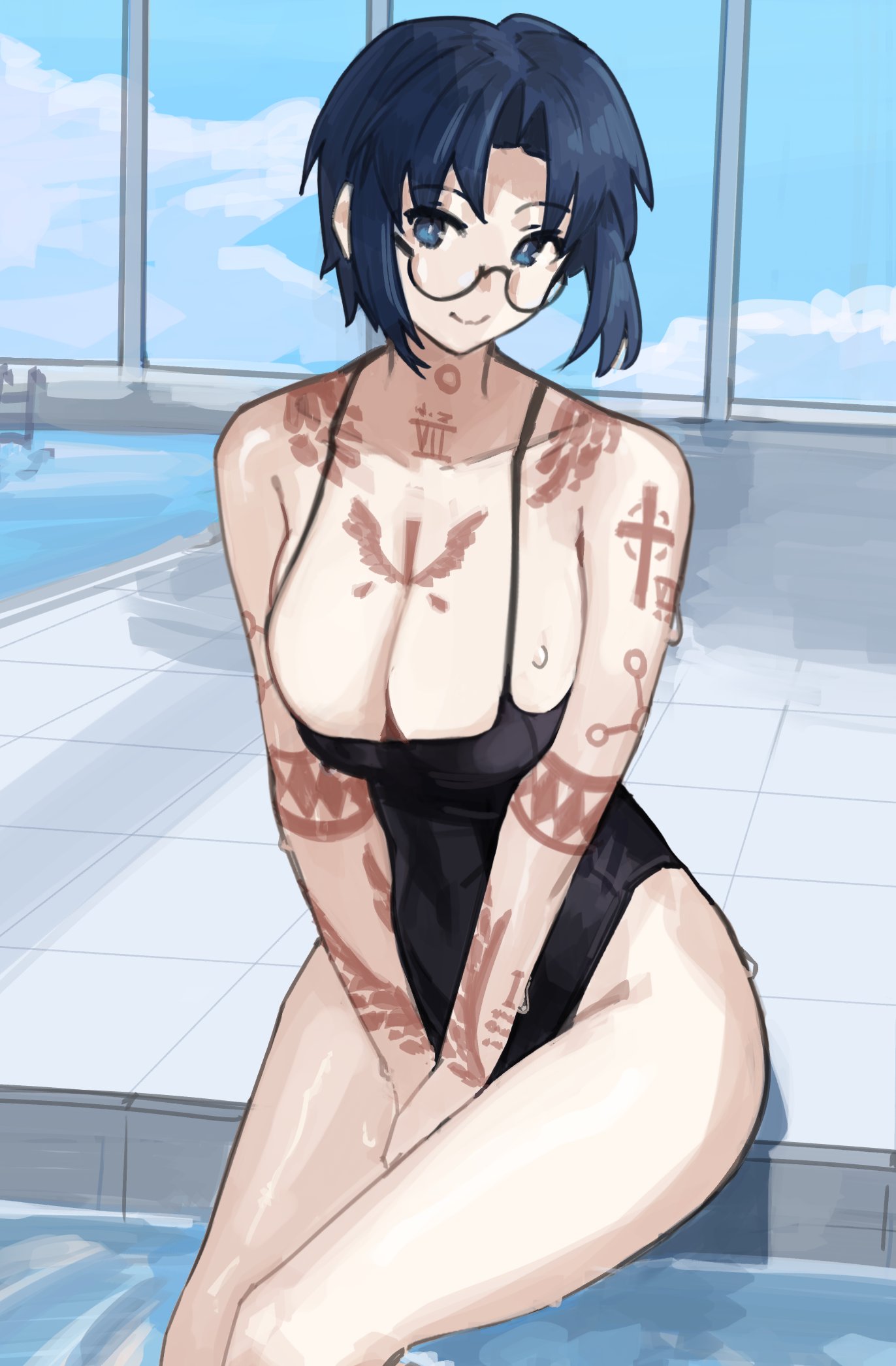 black_one-piece_swimsuit blonde_hair blue_eyes blue_sky breasts ciel_(tsukihime) cross_tattoo female highres jonyeld looking_at_viewer one-piece_swimsuit pool poolside short_hair sky smile sweat swimsuit tattoo tsukihime type-moon wing_tattoo