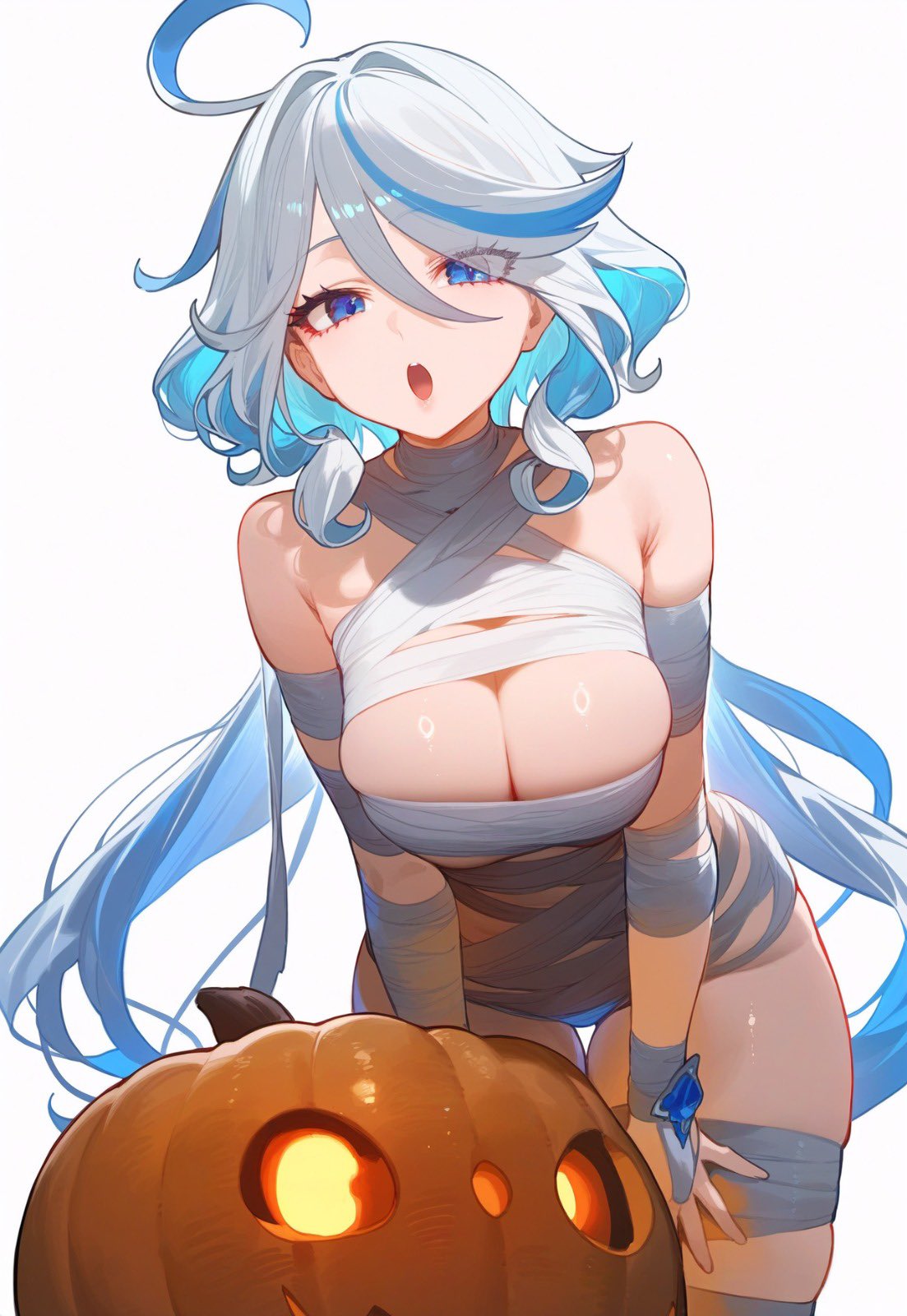 ai generated, artdesignmaxel, breasts, female, furina (genshin impact), genshin impact, halloween, halloween costume, mummy, mummy costume, mummy wrappings
