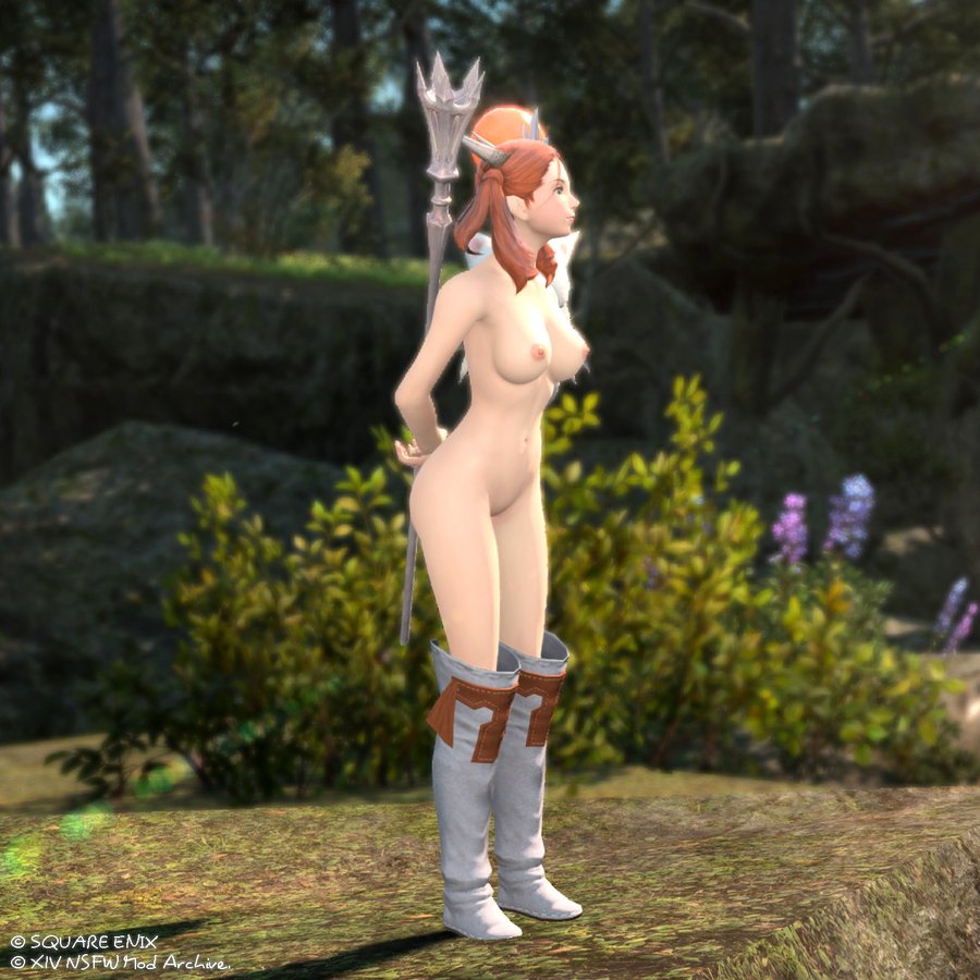 boots boots_only final_fantasy final_fantasy_xiv green_eyes hands_behind_back horn knee_boots miqo'te69 mod moogle nude padjal petite raya-o-senna red_hair small_breasts square_enix staff twintails